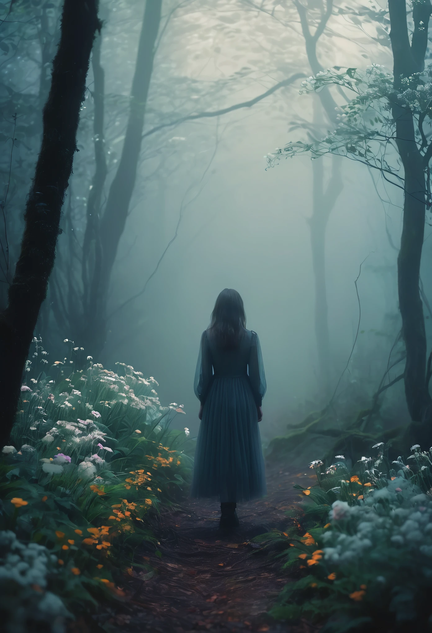 a girl in a foggy forest, (eerie, mysterious, enchanting, dark) landscape, (misty, ethereal) atmosphere, (soft, diffused) sunlight filtering through the trees, (mysterious figures, shadows) lurking in the background, (delicate, intricate) details of flowers and plants, (vivid, saturated) colors, (dreamlike, surreal) art style, (subtle, moody) color tones, (subtle, gentle) lighting, (best quality, highres, ultra-detailed) rendering.