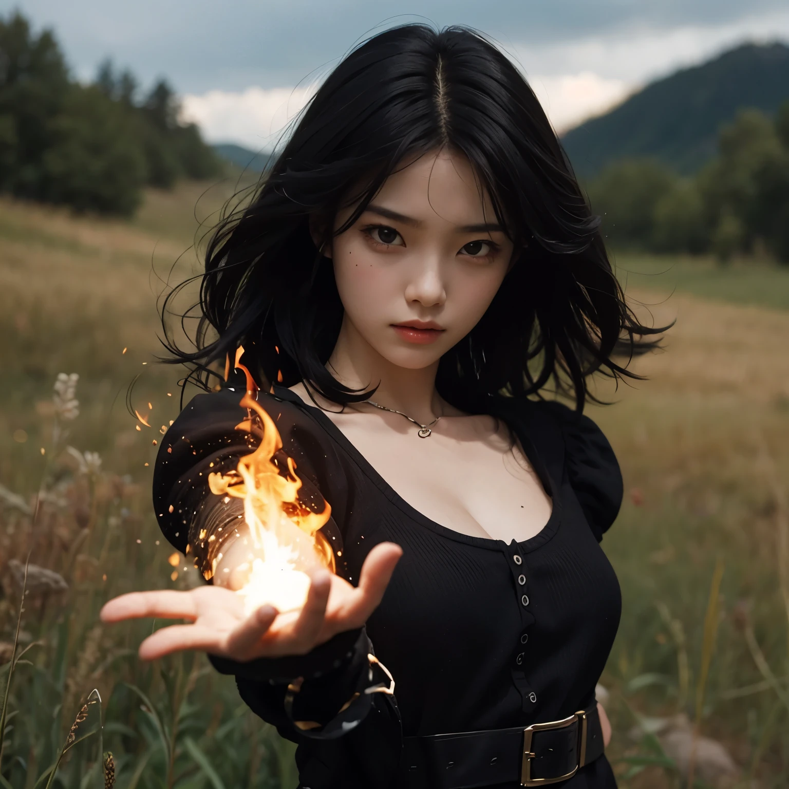 A beautiful sixteen-year-old girl with black hair, standing in a grassland area, dressed in modern clothing, with an angry expression, thrusting one hand forward, producing magical flames in that hand.