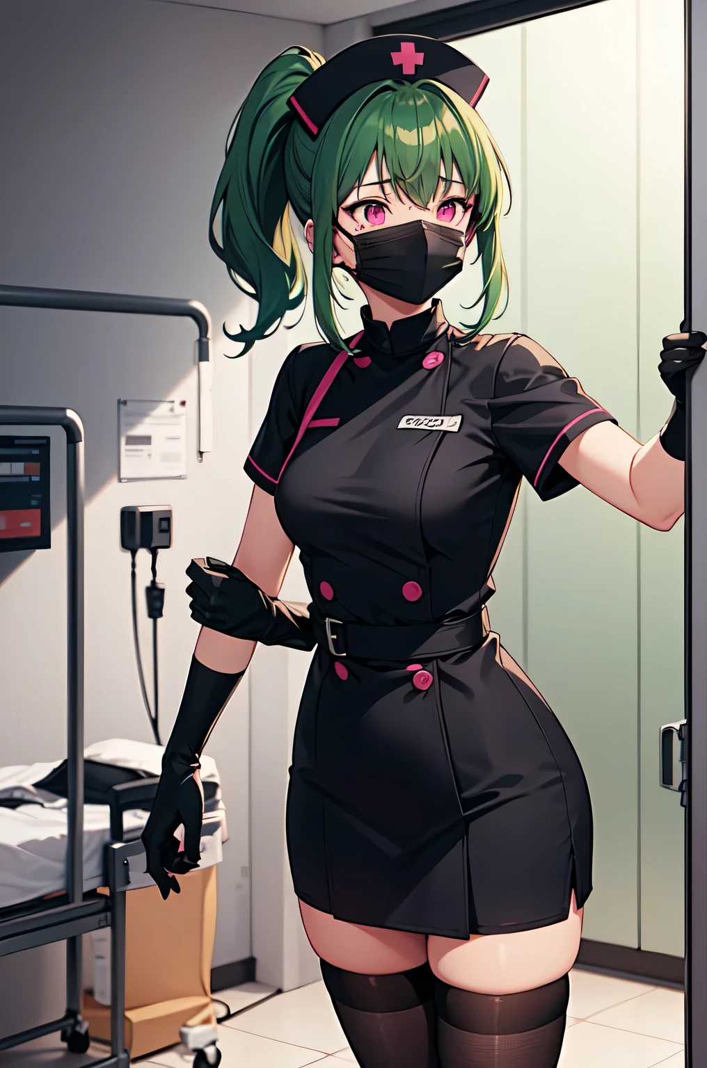 black nurse, 1girl, solo, black nurse cap, black nurse uniform, ((black legwear, zettai ryouiki)), black elbow gloves, ponytail, green hair, pink eyes, ((black surgical mask, covered nose)), standing, ((surgery room)), sharp outline, short sleeves, best quality, masterpiece