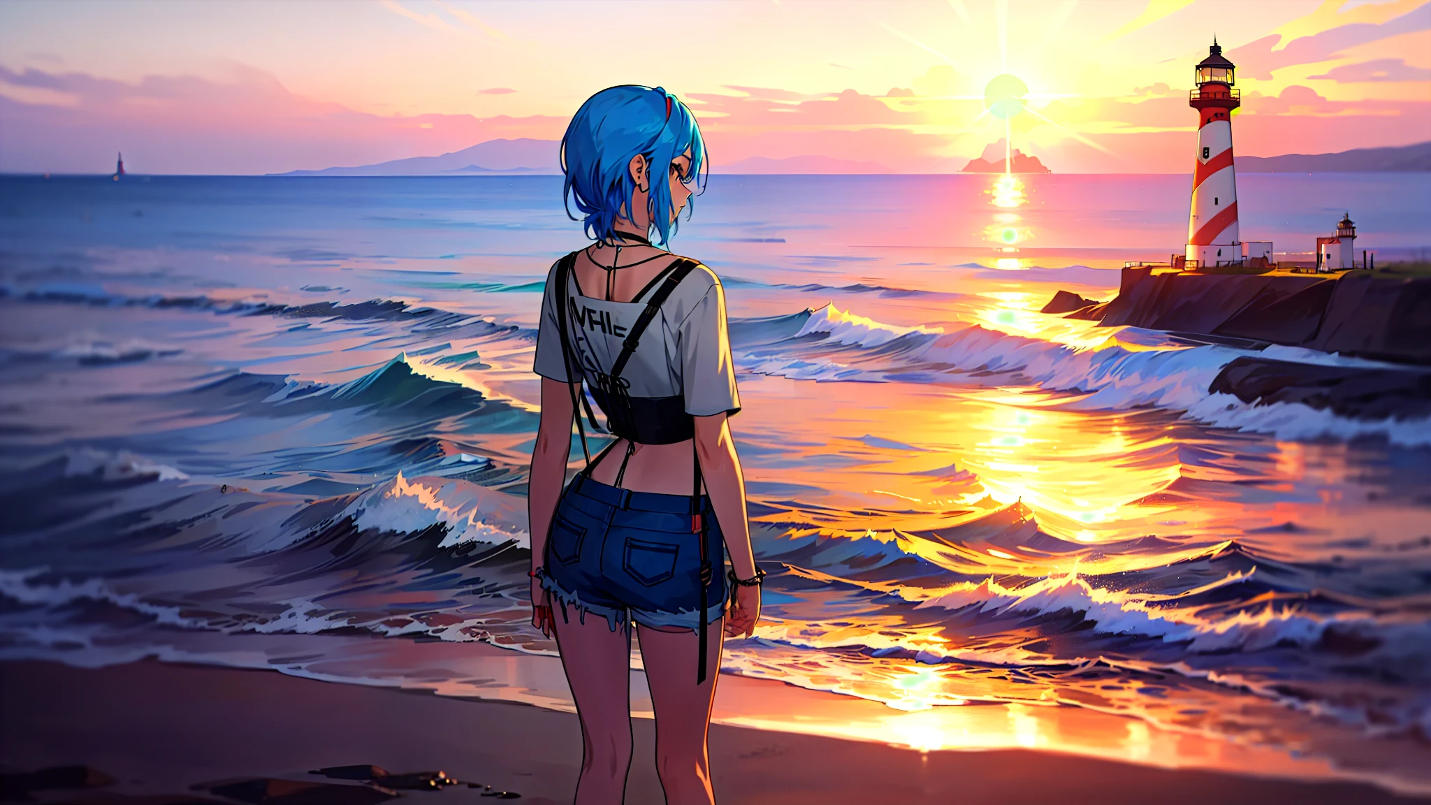 Chloe Price standing, behind a sunset, with a beautiful view, near the sea and a lighthouse, best quality, masterpiece, 8K, ultra detailed