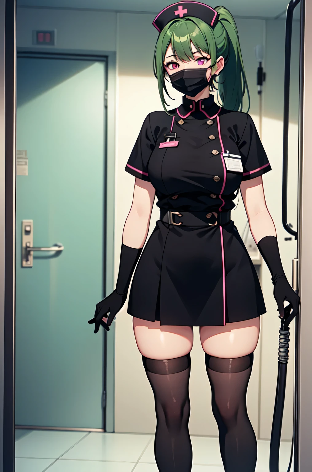 black nurse, 1girl, solo, black nurse cap, black nurse uniform, ((black legwear, zettai ryouiki)), black elbow gloves, ponytail, green hair, pink eyes, ((black surgical mask, covered nose)), standing, ((surgery room)), sharp outline, short sleeves, best quality, masterpiece