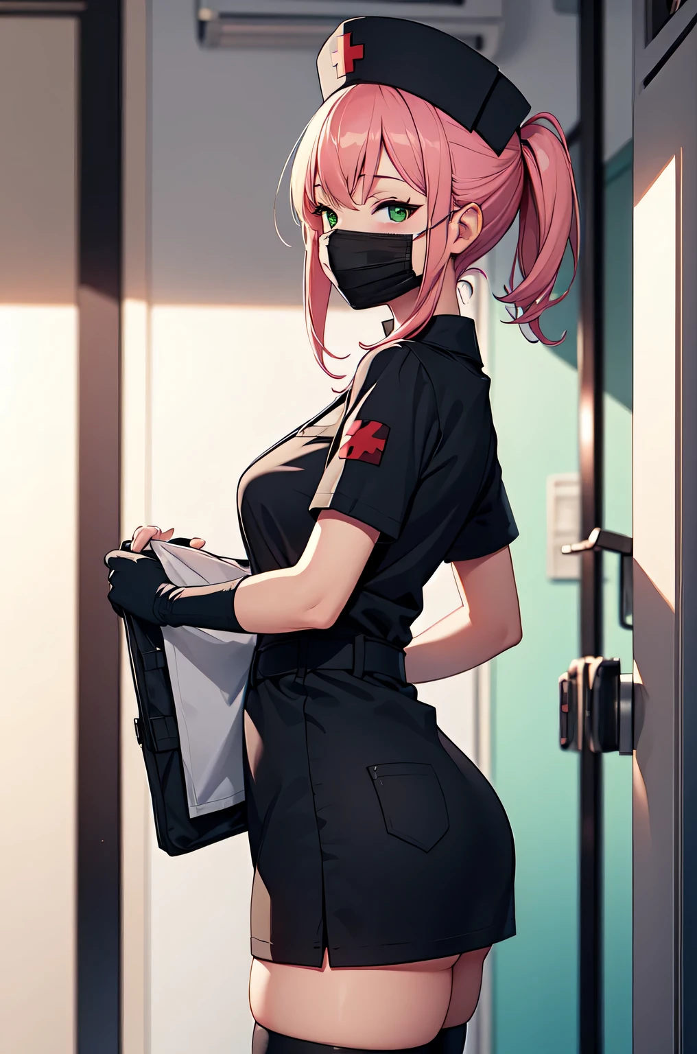 black nurse, 1girl, solo, black nurse cap, black nurse uniform, ((black legwear, zettai ryouiki)), black elbow gloves, pink hair, green eyes, drooping eyes, ((black surgical mask, covered nose)), standing, ((surgery room)), sharp outline, short sleeves, best quality, masterpiece