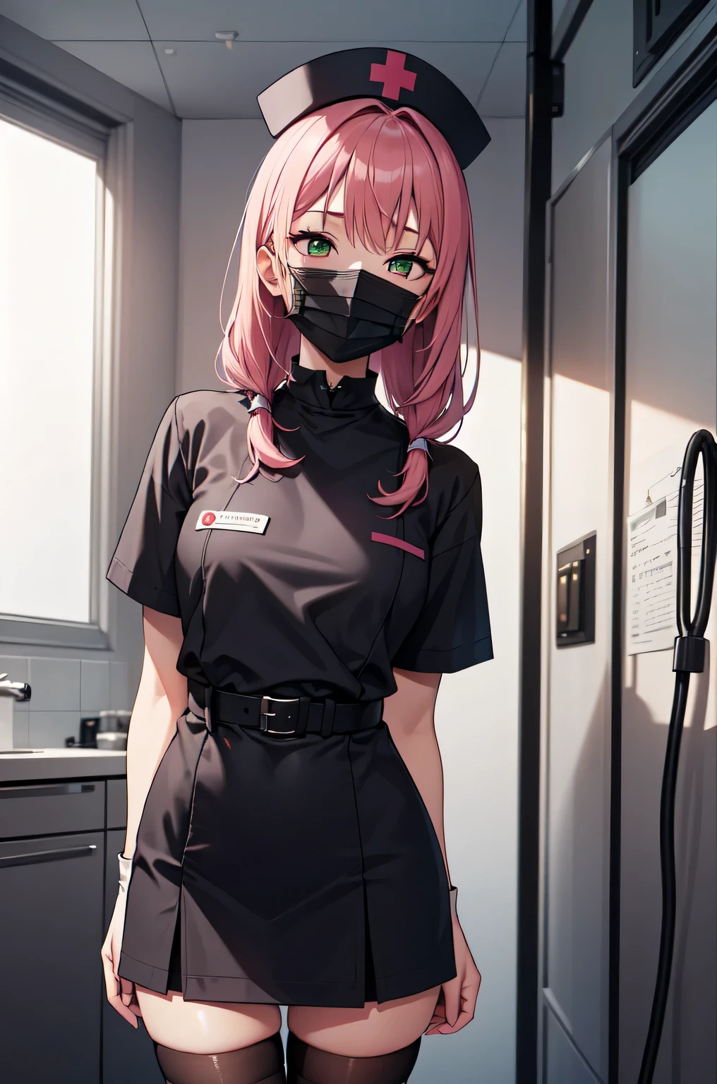 black nurse, 1girl, solo, black nurse cap, black nurse uniform, ((black legwear, zettai ryouiki)), black elbow gloves, pink hair, green eyes, drooping eyes, ((black surgical mask, covered nose)), standing, ((surgery room)), sharp outline, short sleeves, best quality, masterpiece