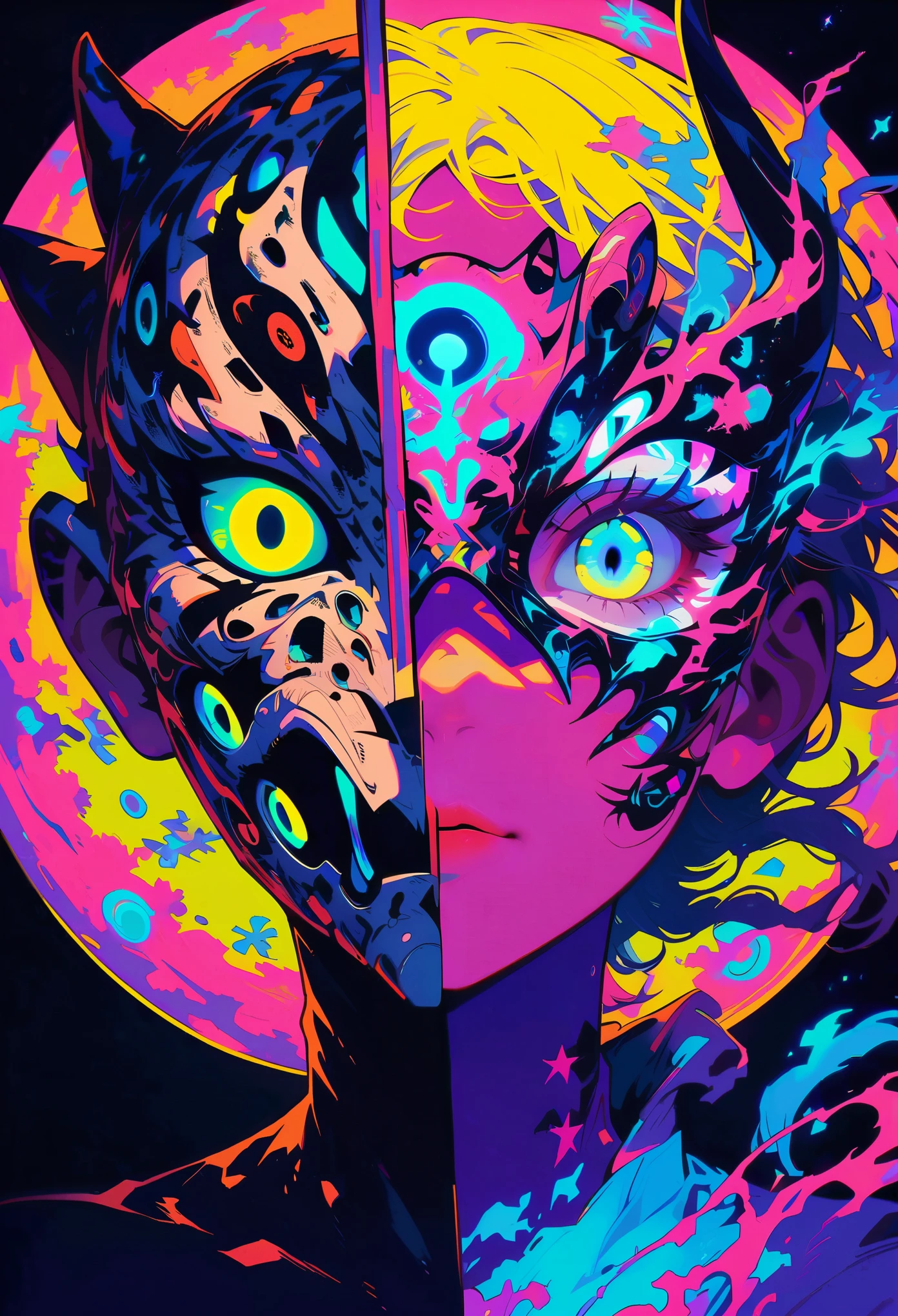 retro-futuristic neonpunk style Ilya Kuvshinov, Edogawa Ranpo, 60s Art, Striking monster Chimera, Yoshitoshi Abe, Naoko Takeuchi, Inspired by manga artist Naoko Takeuchi's assistant Yoshitoshi Abe, Edogawa Ranpo's striking monster Chimera is depicted in a vivid illustration by Ilya Kuvshinov. The artwork captures the essence of 1960s art, blending modern and traditional styles into a visually stunning piece. The monster, with its intricate details and intense gaze, commands attention amidst the swirling chaos of its environment. This masterpiece showcases not only Ilya Kuvshinov's artistic talent but also his ability to inf . cyberpunk, vaporwave, neon, vibes, vibrant, stunningly beautiful, crisp, detailed, sleek, ultramodern, magenta highlights, dark purple shadows, high contrast, cinematic, ultra detailed, intricate, professional . vintage sci-fi, 50s and 60s style, atomic age, vibrant, highly detailed