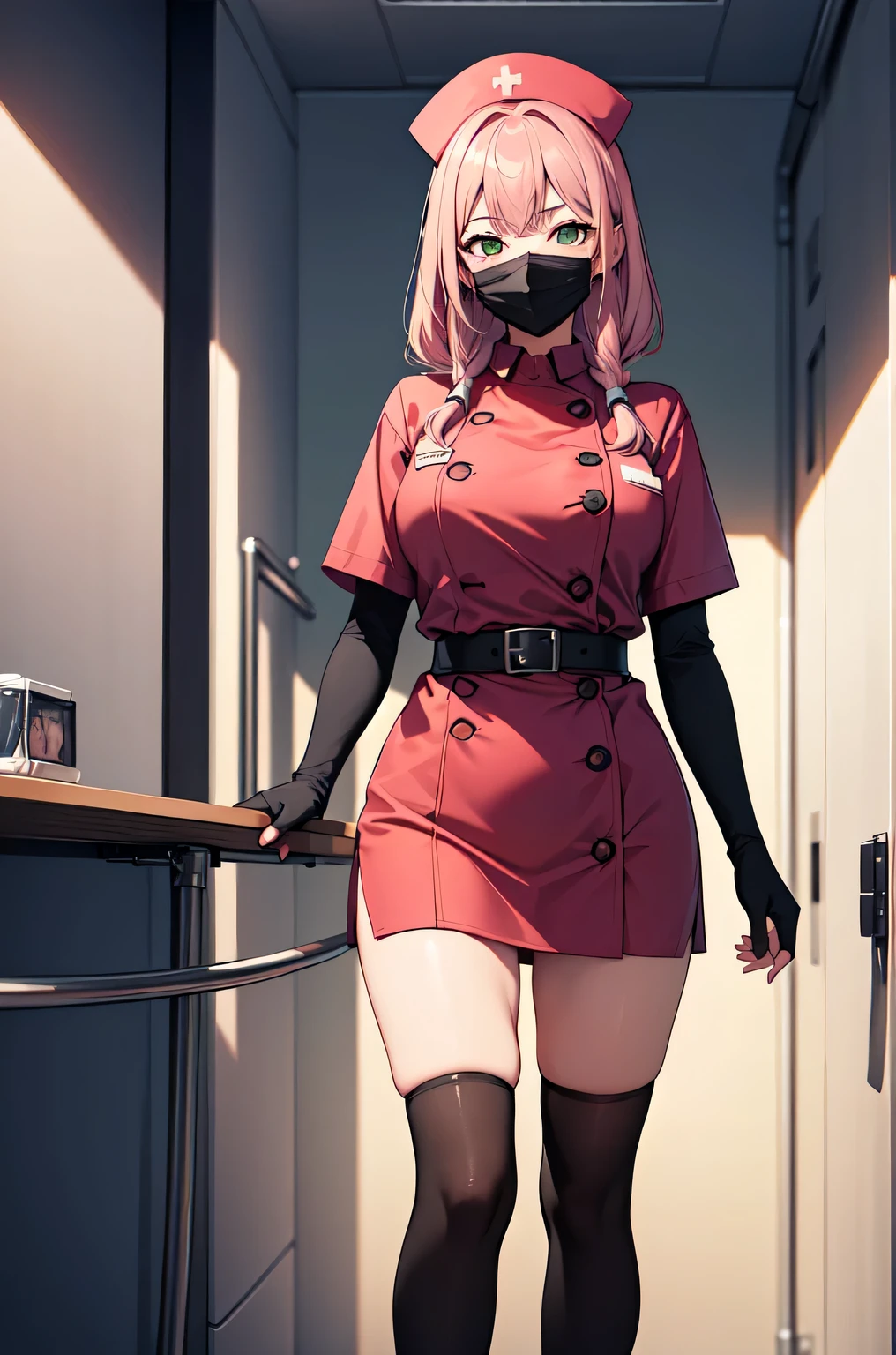 black nurse, 1girl, solo, black nurse cap, black nurse uniform, ((black legwear, zettai ryouiki)), black elbow gloves, pink hair, green eyes, drooping eyes, ((black surgical mask, covered nose)), standing, ((surgery room)), sharp outline, short sleeves, best quality, masterpiece