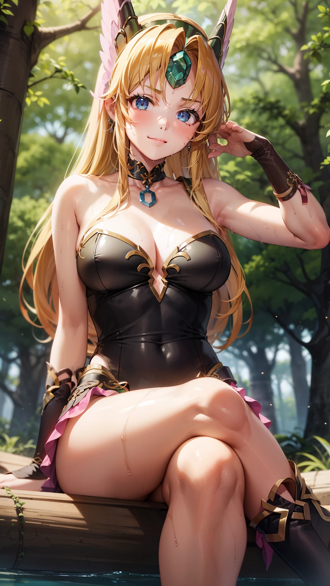 1girl,riesz,green shoulder armour, sweating,blush,smirk,cleavage,wet body, flipped hair,armpit,greasy armpit,smooth armpit,in forest,sitting on tree trunk,crossed legs,from below,green armour,feet,five toes,soles of feet