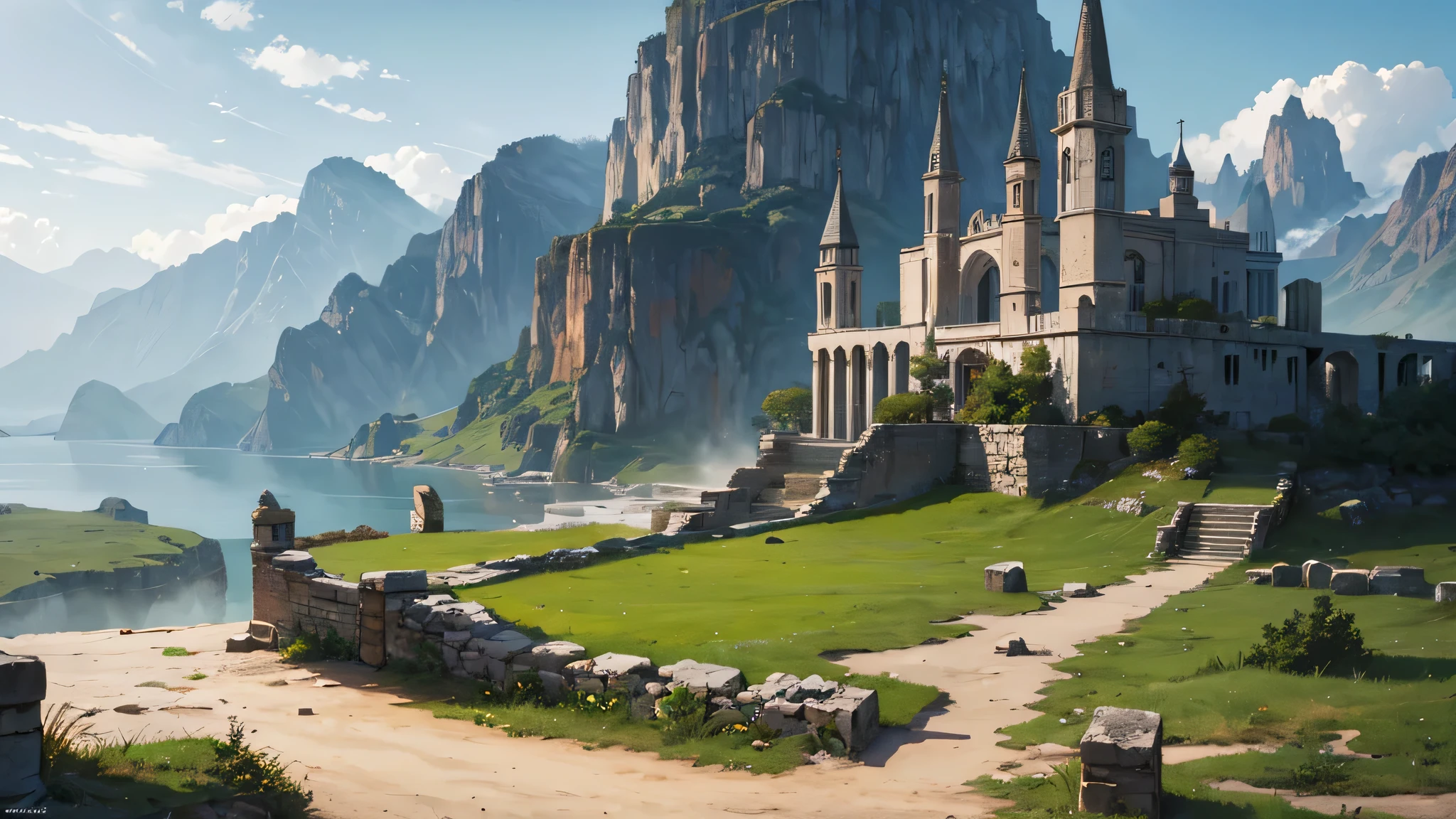 (masterpiece:1.3), (best cinematic quality:1.2), (extremely detailed setting:2), a landscape of mountains with ancient ruins made from rocks, (ruins on mountains :1.3), (realistic shading,realistic lighting), (fantasy style:1.2)
