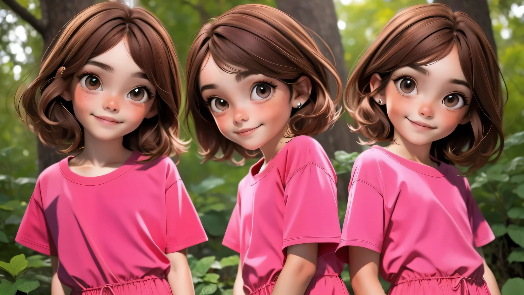 (Two brunette twins, de 5 anos, roupas rosa) Elas aprendem sobre as cores enquanto pintam e exploram o mundo ao seu redor. (twin girls)