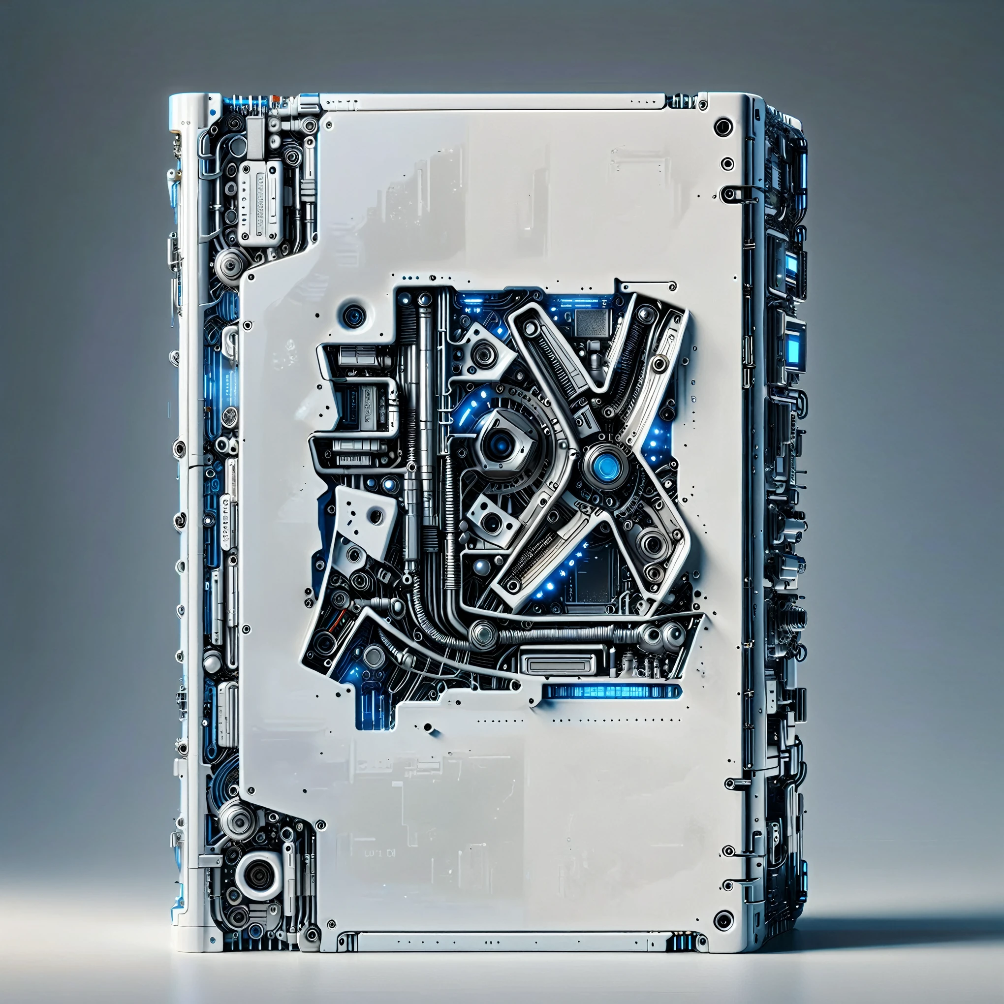 (Metal book:1.5), Digital Art，Cyberpunk，(White ceramic housing:1.5)，blue transparent glass，3D rendering，ray tracing，Reasonable structure，Complex internal structure,(Clear lines, High sharpness,best quality, masterpiece, 4K ),ais-mechdystopia