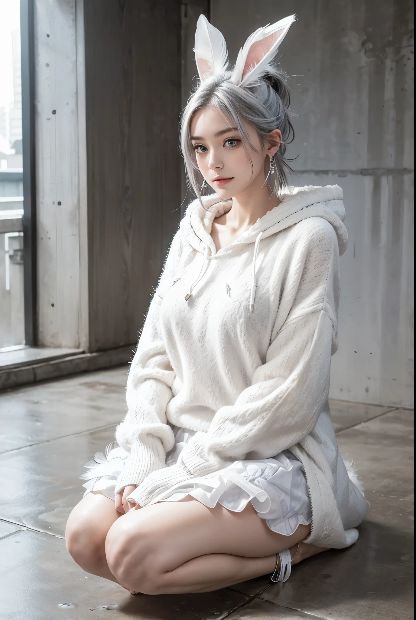 Best Quality, Realistic, (gray hair, medium hair:1.2), (arranged hair:1.4), with fair skin and seductive blue-eyes, damp skin, detailed face, huge eyes, detailed eyes, (very small Head and face, huge eyes, dropy eyes:1.4), Double eyelid, Glossy eyes, BREAK (winter theme:1.3), (KAWAII theme:1.3), (white theme:1.2), (fluffy hooded sweater with bunny ears:1.3), (loose-fit:1.2), (3/4 sleeves:1.2),
BREAK (sheer white A-line skirt with feather-like patterns:1.3), (layered with short fluffy petticoat:1.2), (thigh-high white boots with silver accents:1.2),
BREAK (silver accessories:1.2), (bracelet with feather charms:1.2), (silver hoop earrings:1.2), BREAK
Adopt a curvaceous posture, damp skin, daily、at a concrete floor, happy, Smiling, (With a high ponytail and large breasts, Wet udder, wet breasts, large soft breasts:1.2), Ingrained skin, ingrown breast, (crushed breast:1.2), beautiful puffy nipples, bold exposure, wet skin, damp skin, (abs:1.2), (low rise:1.4), (medium buttocks), sitting and random gravure pose, random angle, Adopt a curvaceous posture, (fog and mist Blurred background, Perfect and beautiful concrete background), (Inorganic and nostalgic white lighting),