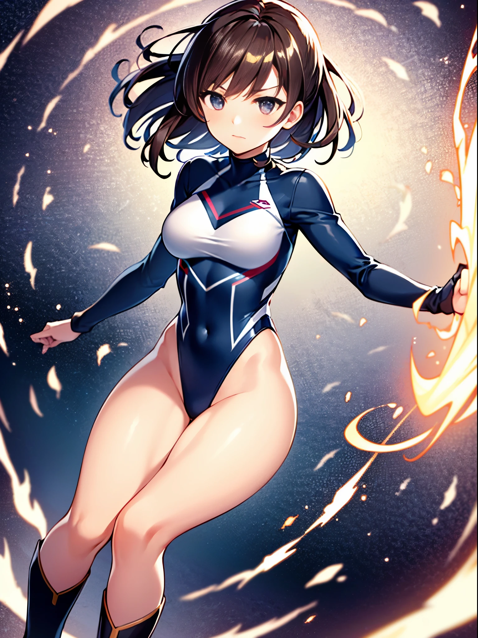 masterpiece, best quality, 1girl, superhero, gymnast_outfit leotard, bare legs, knee boots, matching boots, heroic, standing, body infused with energy, light particles, solo, single, cowboy shot, perfect anatomy, brown hair, beautiful detailed eyes, spread arms, spinning, spins fast in place like a tornado, twirling in place, tornado spinning, rapid gyration, space backdrop, motion blur, speed lines, tornado, whirlwind, cyclone, girl turning into a whirlwind, energy circling her body, emphasis lines