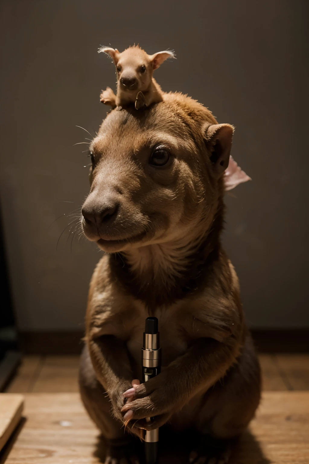 un capibara con un pescado vendiendo vapers ((Mejor calidad)),