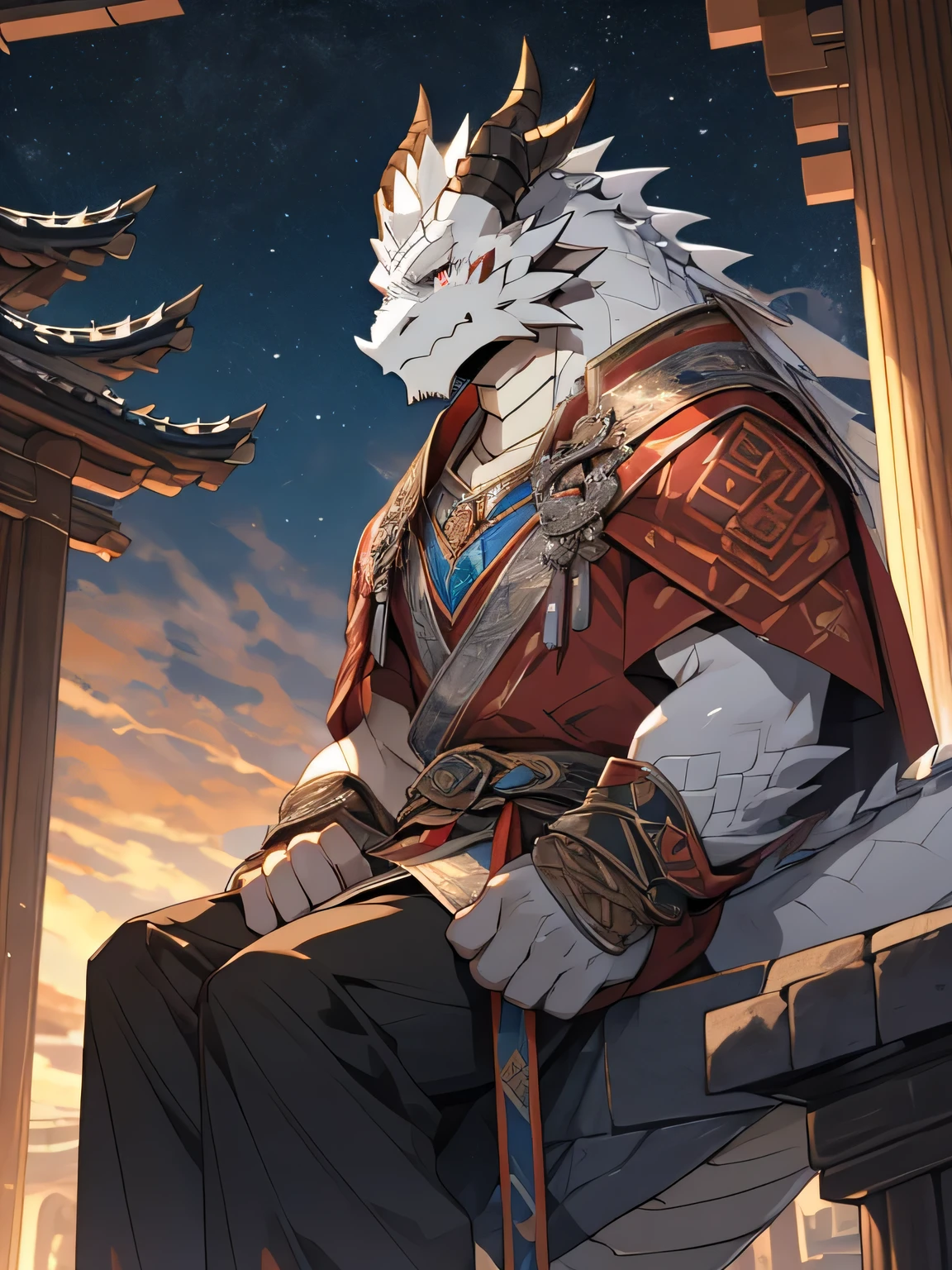 White Dragon Man:1.3, alone, vertical pupil,Eye, (elongated), Slim, (Eye anthro dragon):1.3, (The body has silvery white scales:1.4), white belly, (beast wild:1.4), There are silver scales all over the body , 细致的Eye, ((portrait)), , (细致的Eye, 蓝Eye, 明亮的Eye):1.1, The art of math, masterpiece, anime style,There is a mane on the neck:1.5,light gray speaker:1.4,There is a blush on the face: 1.5, Shy:1.3,thick eyebrows, (赤红流火General战袍),Holding a long sword,Strong posture,Sitting calmly on the edge of the cliff,(The brightly lit city is in the background.:1.2),heroic posture飒爽,完美的masterpiece,Various facial details,distance perspective,specific description,masterpiece,CG,dark red pattern,General,heroic posture,specific facial details,Half body,(赤红General战履),(Chang Ling),((middle aged)),(Face focus),(16K),HD,temple,(Crimson Ancient Battle Robe),(High resolution:1.3),(Sitting on the edge of the cliff watching thousands of lights)