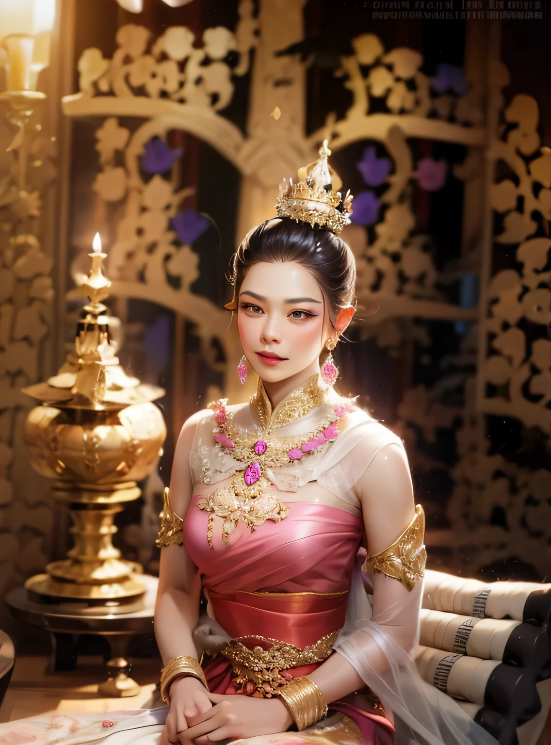 arafed woman in a pink dress sitting on a red couch, sukhothai costume, pink lotus queen, in style of thawan duchanee, traditional beauty, anime thai girl, traditional tai costume, traditional, royal elegant pose, tai costume, nivanh chanthara, thailand art, traditional dress, ancient asian dynasty princess, a beautiful fantasy empress