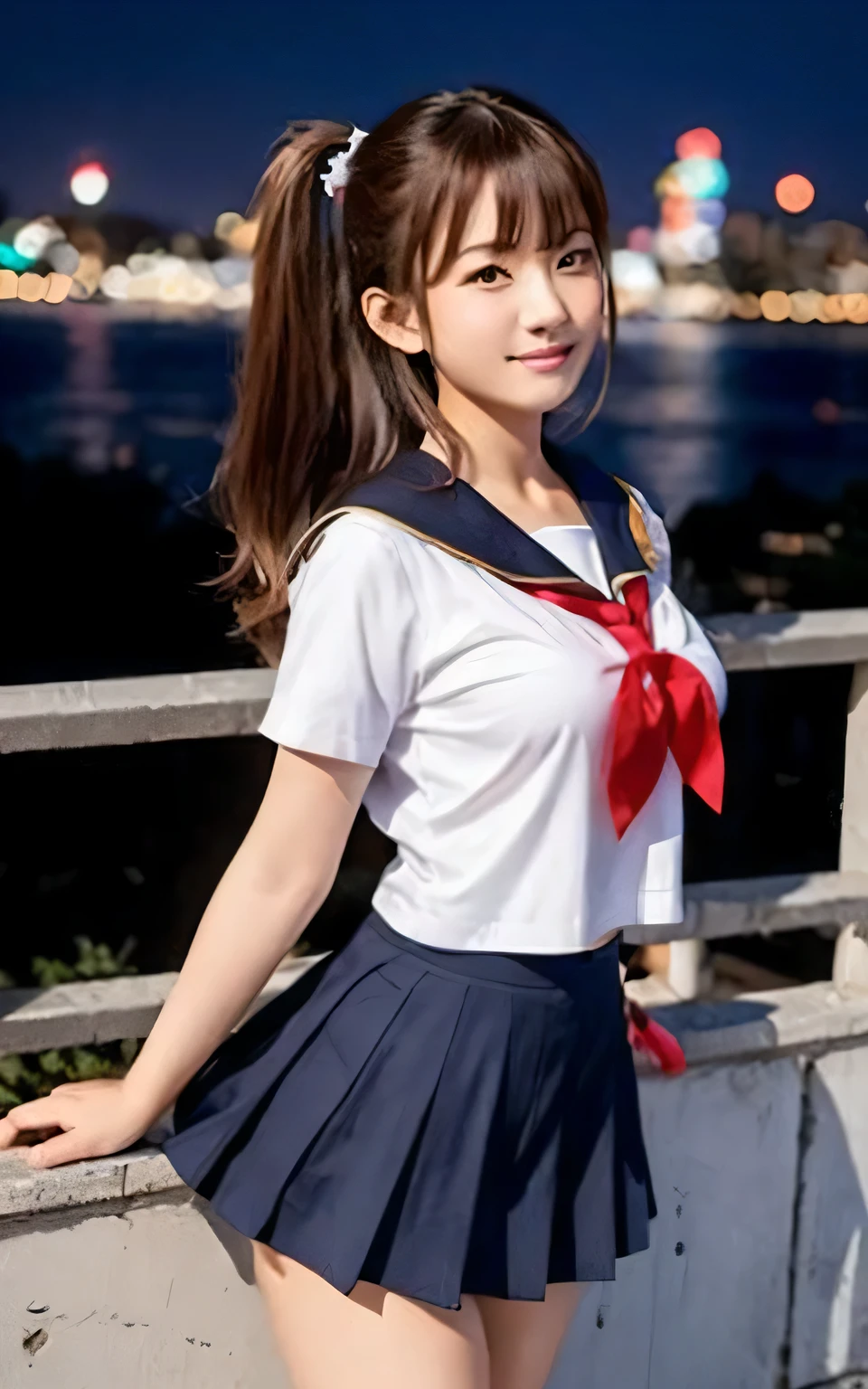 橋の上でポーズをとるsailor suitを着たアラフェドのアジア人女性, Japanese girl uniform, Japanese , sailor suit, anime girl cosplay, wearing Japanese , Kantai Collection Style, real anime girl, beautiful anime high school girl, seifuku, anime thai girl, cute , JK uniform, girl in uniform, ``beautiful anime woman
