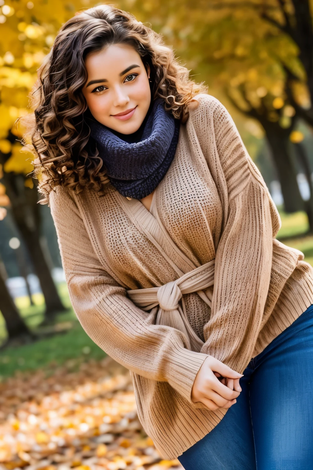 A captivating trio of women, wrapt in scarves against the chill, embrace the autumnal breeze. Their radiant countenances gleam with youthful vigor.
In the first image, a woman boasts a ripe, age 25, with voluminous, chestnut curls cascading to her waist. Her enchanting round eyes are hazel, framed by thick lashes. A trio of delicate freckles adorn her upturned nose, and her rosy cheeks bloom with the blush of youth. Her svelte figure is encased in form-fitting sweater leggings, revealing an immense, curvaceous derriere