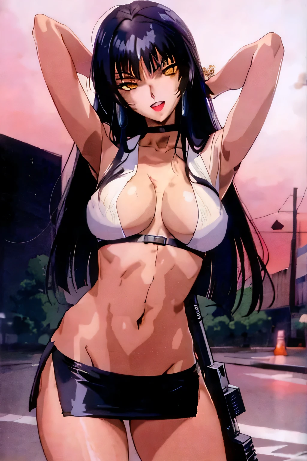 black hair,very long hair, Bangs,yellow eyes,makeup, lipstick,bangs,
1 girl, 20yo,mature female,Beautiful Finger,Beautiful long legs,Beautiful body,Beautiful Nose,Beautiful character design, perfect eyes, perfect face,, detailed hair, , evil expression, masterpiece, best quality, highly detailed, a girls with a gun, open mouth, blazer, sexy gaze, (nsfw) not
safe for work, badass pose , evil smile, smile, black bra, anime girl with long hair, long haired girl,
navel, evil expression, exposed belly, exposed navel, exposed midriff, exposed lower belly, micro
miniskirt, micro pencil skirt, pencil skirt ,holding a gun, outdoor,street,road