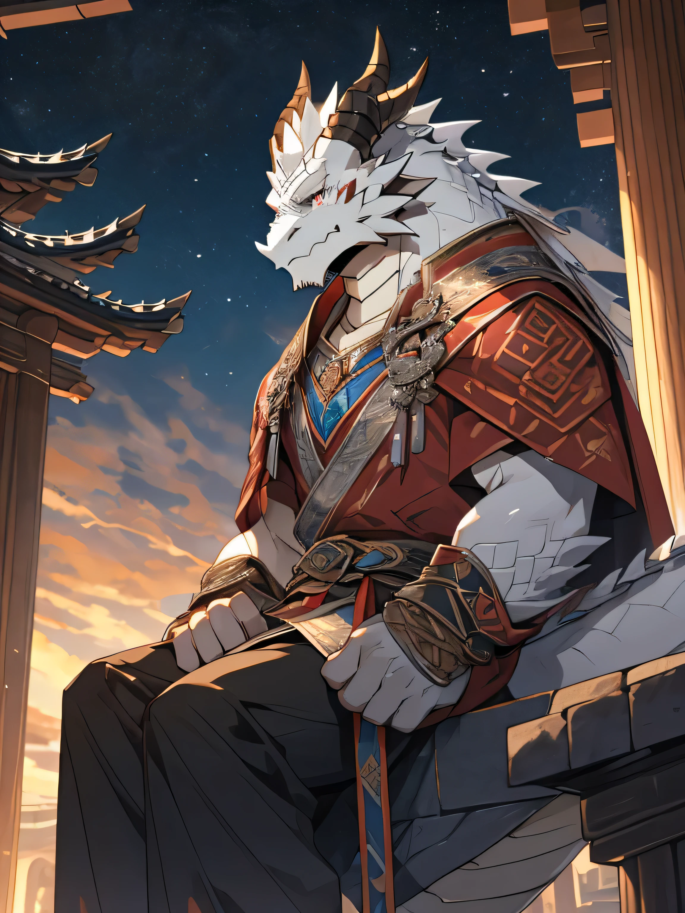 White Dragon Man:1.3, alone, vertical pupil,Eye, (elongated), Slim, (Eye anthro dragon):1.3, (The body has silvery white scales:1.4), white belly, (beast wild:1.4), The whole body is covered with silver scales , 细致的Eye, ((portrait)), , (细致的Eye, 蓝Eye, 明亮的Eye):1.1, the art of mathematics, masterpiece, anime style,There is a mane on the neck:1.5,light gray speaker:1.4,There is a blush on the face: 1.5, Shy:1.3,thick eyebrows, (赤红流火General战袍),Holding a long sword,Strong posture,Sitting calmly on the edge of the cliff,(The brightly lit city is in the background.:1.2),heroic posture飒爽,完美的masterpiece,Various facial details,distance perspective,specific description,masterpiece,CG,dark red pattern,General,heroic posture,specific facial details,Half body,(赤红General战履),(Chang Ling),((middle aged)),(Face focus),(16K),HD,temple,(Crimson ancient tabard),(High resolution:1.3),(Sitting on the edge of the cliff watching thousands of lights)