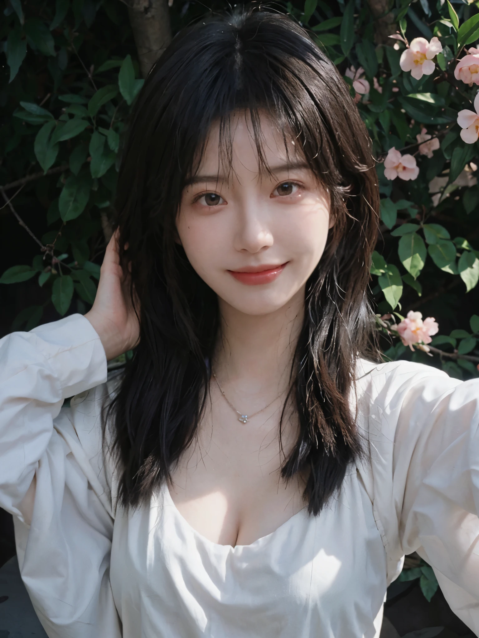 best quality, ultra high resolution, (realistically:1.4), Baoyu Girl, A pair of clear and charming peach blossom eyes,Royal sister,The sun shines on the face,Long curly hair,(In the forest:1.4),(necklace:1.2),(White skin:1.4),(Full body female love:1.2)a sense of atmosphere,a beautiful girl, Smile,Looking directly at the viewer, Close-up cleavage ,(lifelike:1.4),1 girl,Sexy,(Upper body:1.4),(wet),(:1.2)