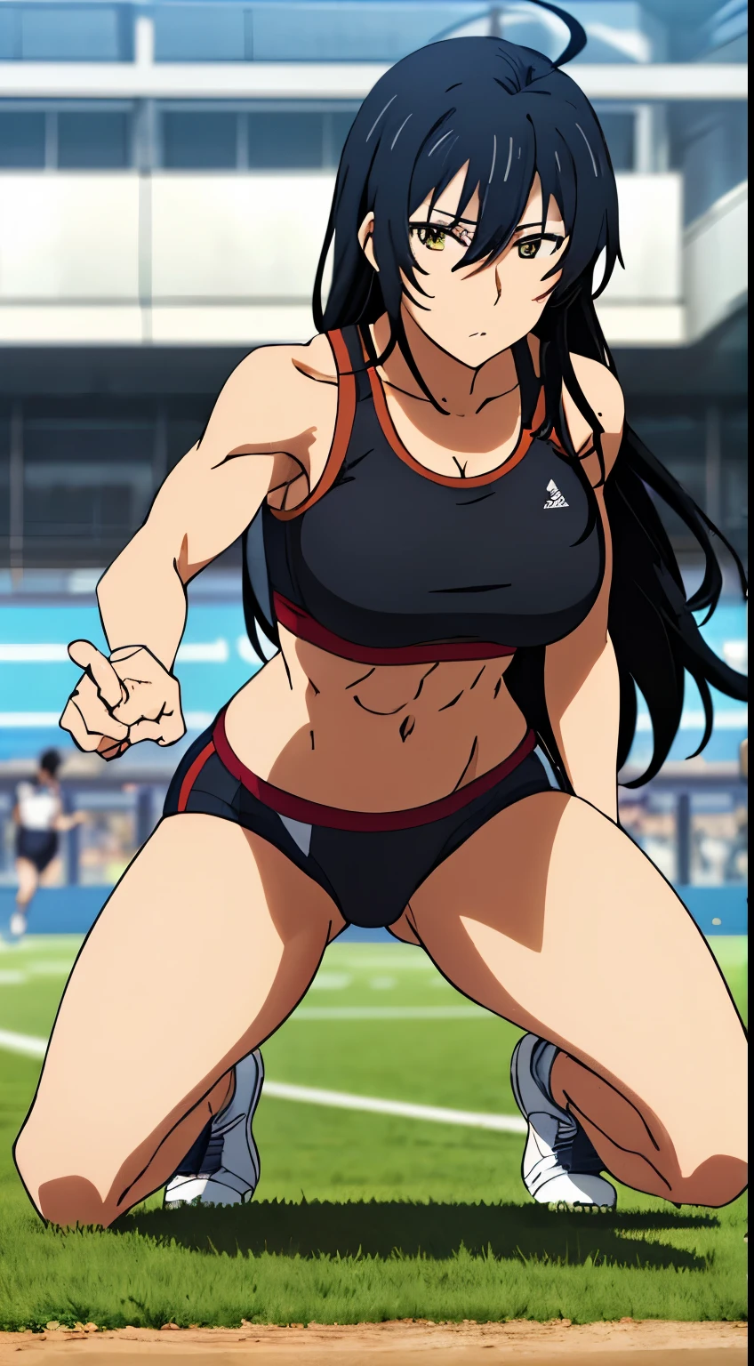 and,1 girl, 一with people, portrait, (big breasts), No expression, long hair, Ahoge, ((sports bra,spats,fitness)),stylish pose, perfect quality, good quality, masterpiece, HDR, UHD,looking at the viewer, in the center of the image,Show up to your knees,１with people,