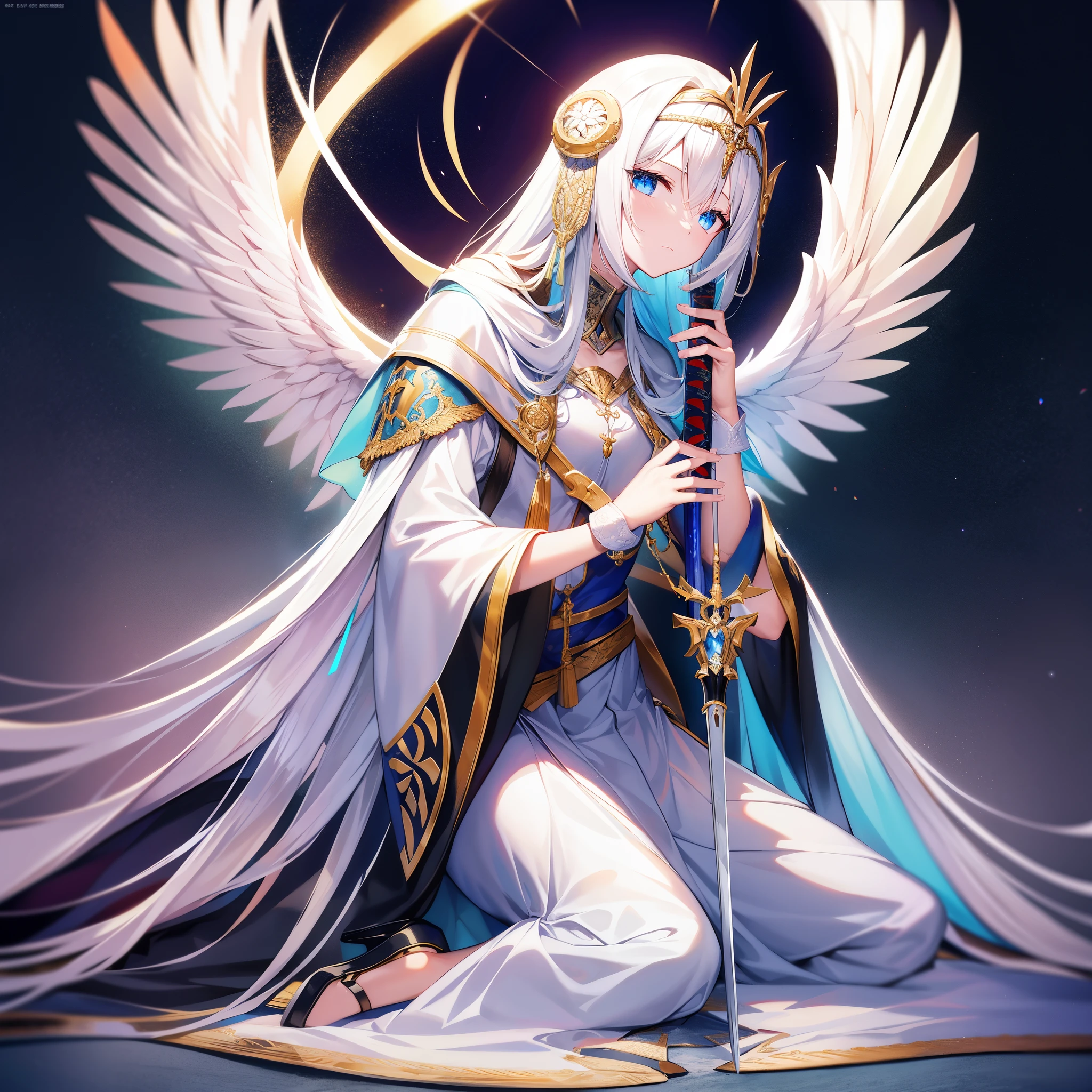 A hooded white angel kneels down on one knee.、Place your fingers on the ground with one hand、In his other hand he holds the hilt of a sword stuck in the ground.。gaze is directed far away。the wings are folded behind the back。The figure is made of white ivory。placed on a round table like chess pieces。