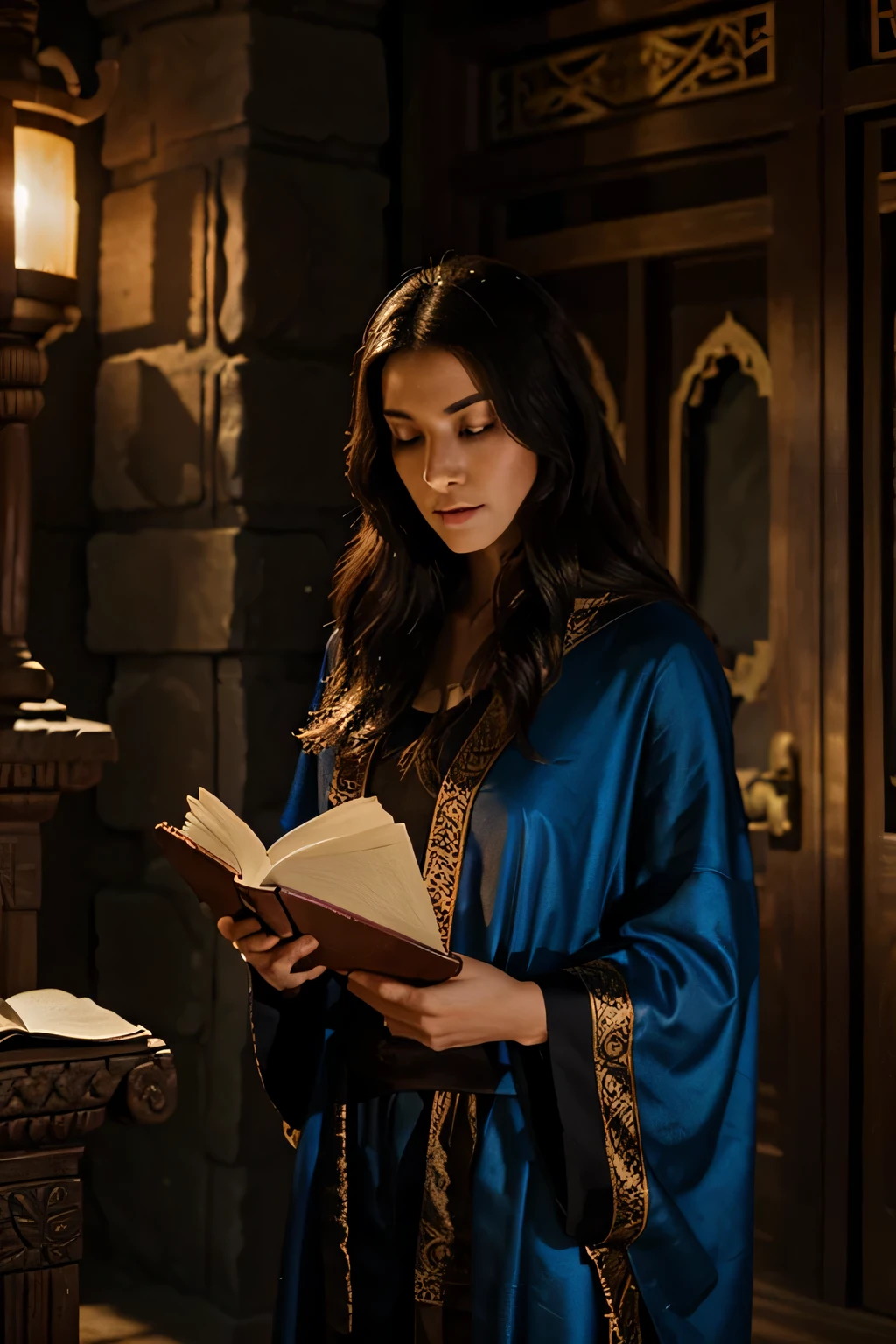a sorceress stands near a richly decorated temple, reading a mysterious book, wear a wizard&#39;robe