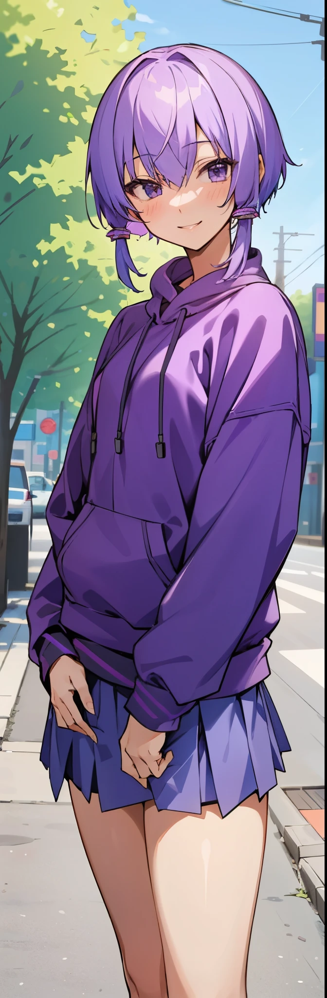 Yuitsuki Yukari、18-year-old、slender body shape、smile、light purple hair、short hair、(hair between eyes)、cowboy shot、daytime、under the street trees、((fringe))、((colorful sweatshirt))、 ((skirt))