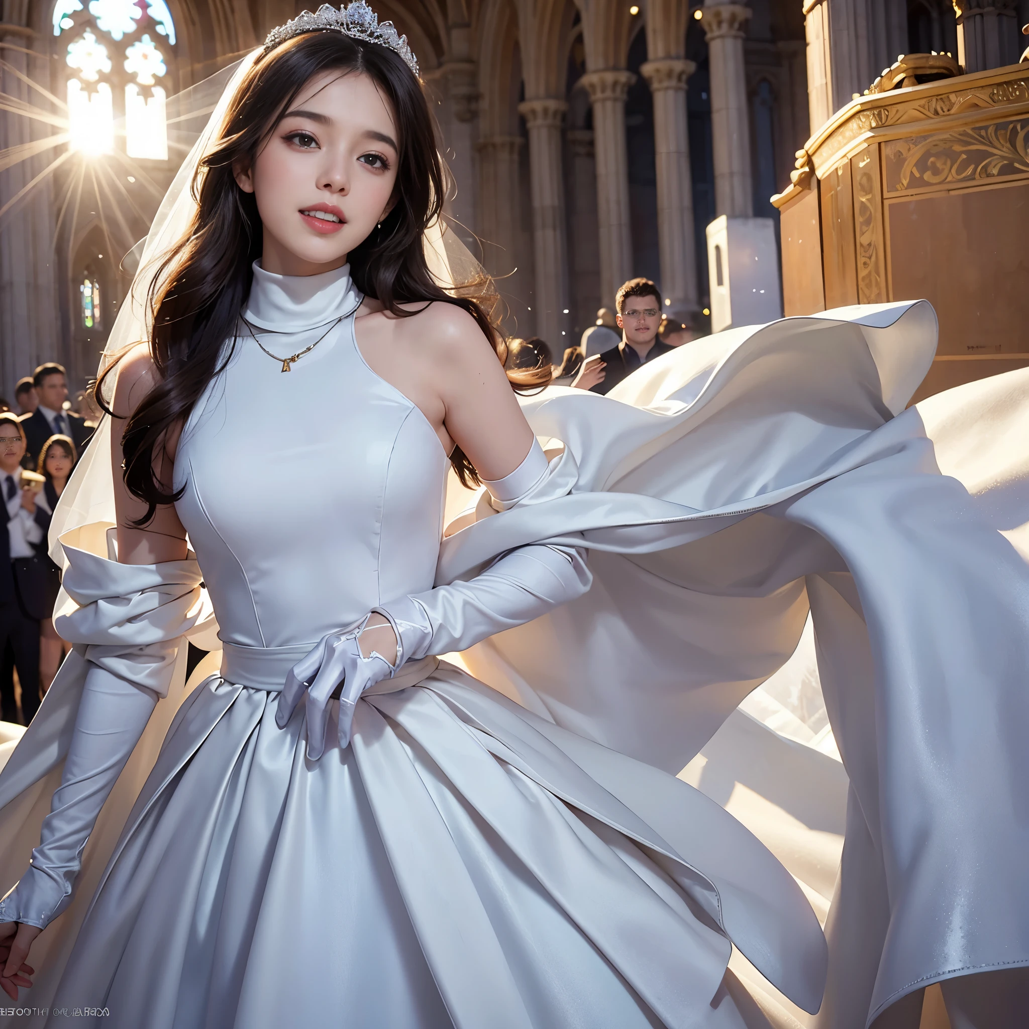 best quality, masterpiece, There&#39;s only one woman, huge laugh, cute teen, shiny lips, sweet, sun glare, Conservative attire, turtleneck wedding dress, bridal tiara, depth of field, blurred background, Cathedral Background, light particles, strong wind, head tilt, long hair, 