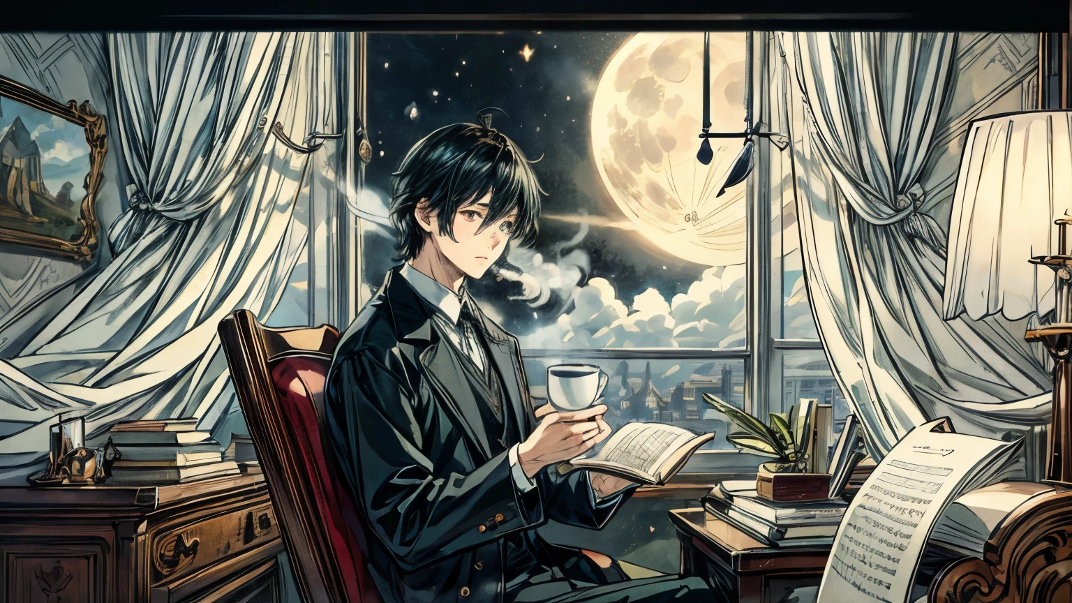 masterpiece, highest quality,Super detailed,hyper details, anime style, Inside a cozy room, curtains are partially closed, big window, Young man drinking coffee while looking at the moon outside the window, a little dark room, There are bookshelves full of books in the room., Soft moonlight dances shadows on the wall,A steaming mug on a desk stacked with books, notebook and big monitor,the person is sitting comfortably in a chair, Refreshing handsome man、There is a faint smile on the lips, Get inspired by the notes that fill the air. keep up with the rhythm of the music. The sound of music flows in smooth harmony., Create an immersive atmosphere