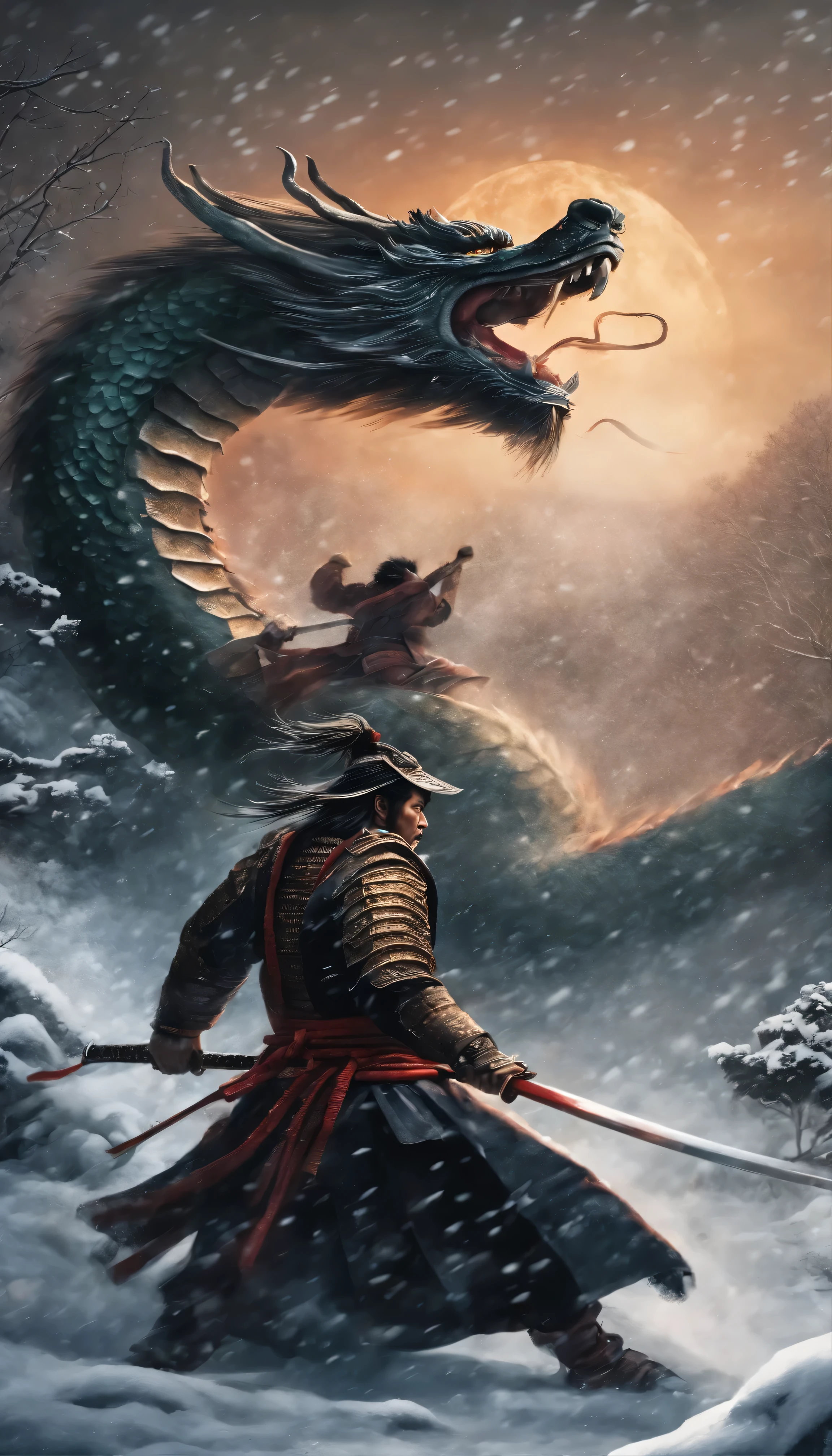 samurai fighting a mythical dragon on a snowy night in japan