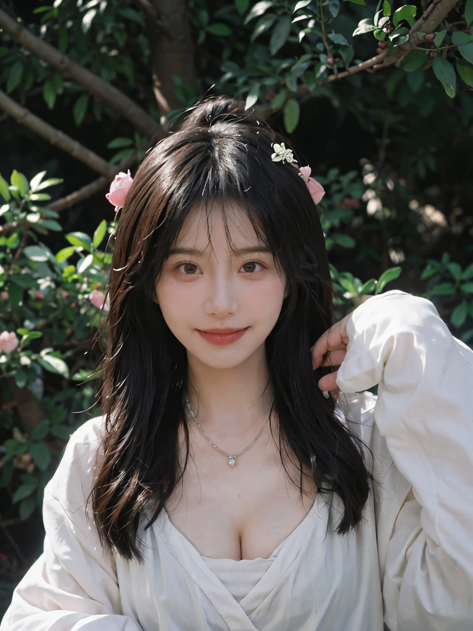 best quality， ultra high resolution， （realistically：1.4）， Baoyu Girl， A pair of clear and charming peach blossom eyes,Royal sister，The sun shines on the face，Long curly hair，（In the forest：1.4），（necklace：1.2），（White skin：1.4），（Full body female love：1.2）a sense of atmosphere，a beautiful girl， Smile，Looking directly at the viewer， Close-up cleavage ，(lifelike:1.4),1 girl,Sexy,(Upper body:1.4),(wet),(:1.2)