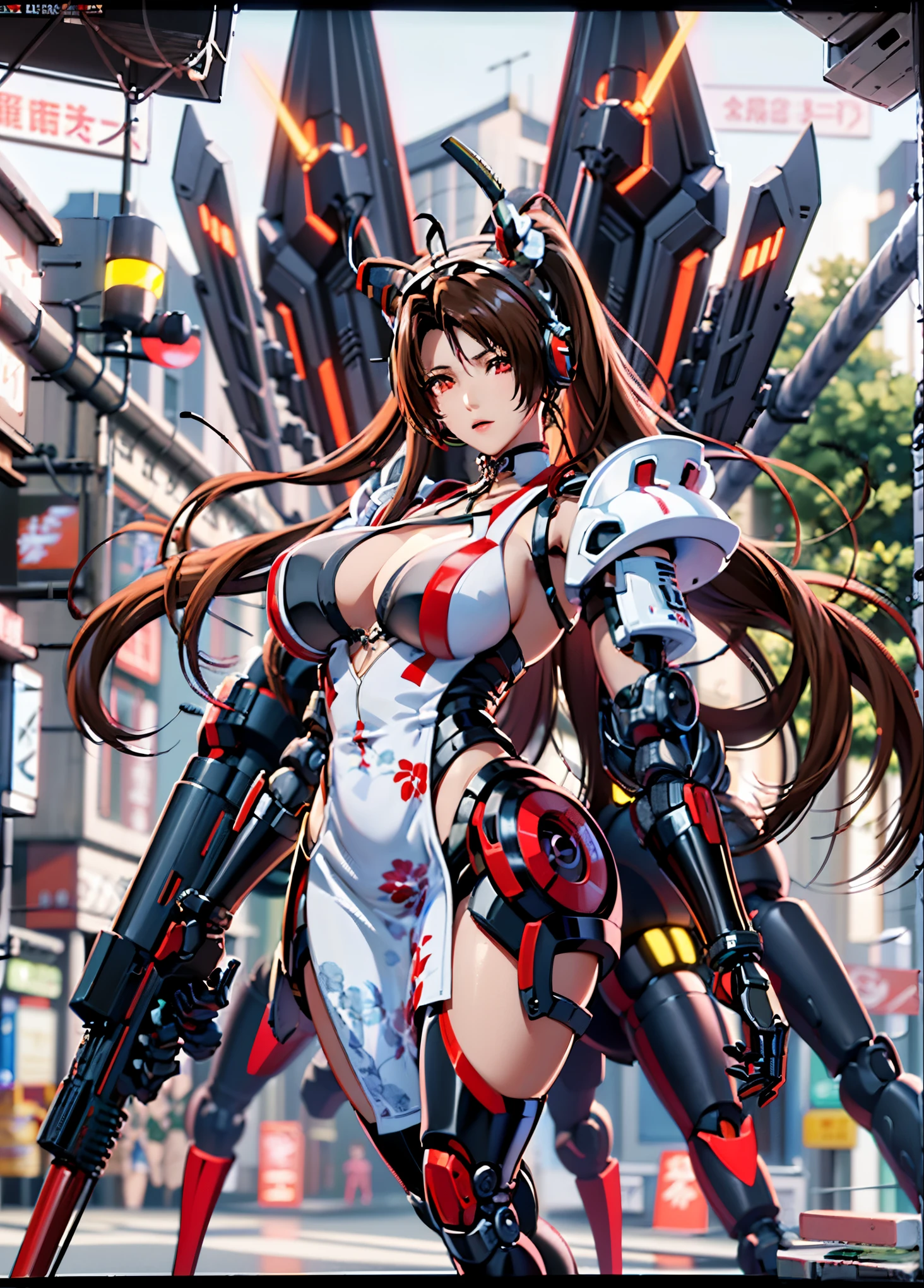 girl 1、highest quality、masterpiece、超A high resolution、Arad woman in futuristic suit with red mechanical wings and sword, A girl wearing a black shiny mechanical cyber armor.., cyberpunk anime girl mecha, anime robotと有機物が混ざり合う, Mechanized Black Valkyrie Girl, perfect anime cyborg woman, cute cyborg girl, female mecha, A simple futuristic cyborg, beautiful girl cyborg, beautiful robot character design,((Super realistic details))， Realistic character art rendering 8K, anime robot、(red glowing eyes)、have a sword、((mai shiranui))、long and high ponytail、((mechanical dress:1.3))、((attack posture:1.6))、4k、(((highest quality)))、(((mechanical headgear:1.3)))、(((very well-groomed face:1.3)))、(((No expression)))、(((cyber headphones:1.3)))、(((Long ear antennae:1.6)))、(((Anime related)))、(((Machine eyes glowing red:1.3)))