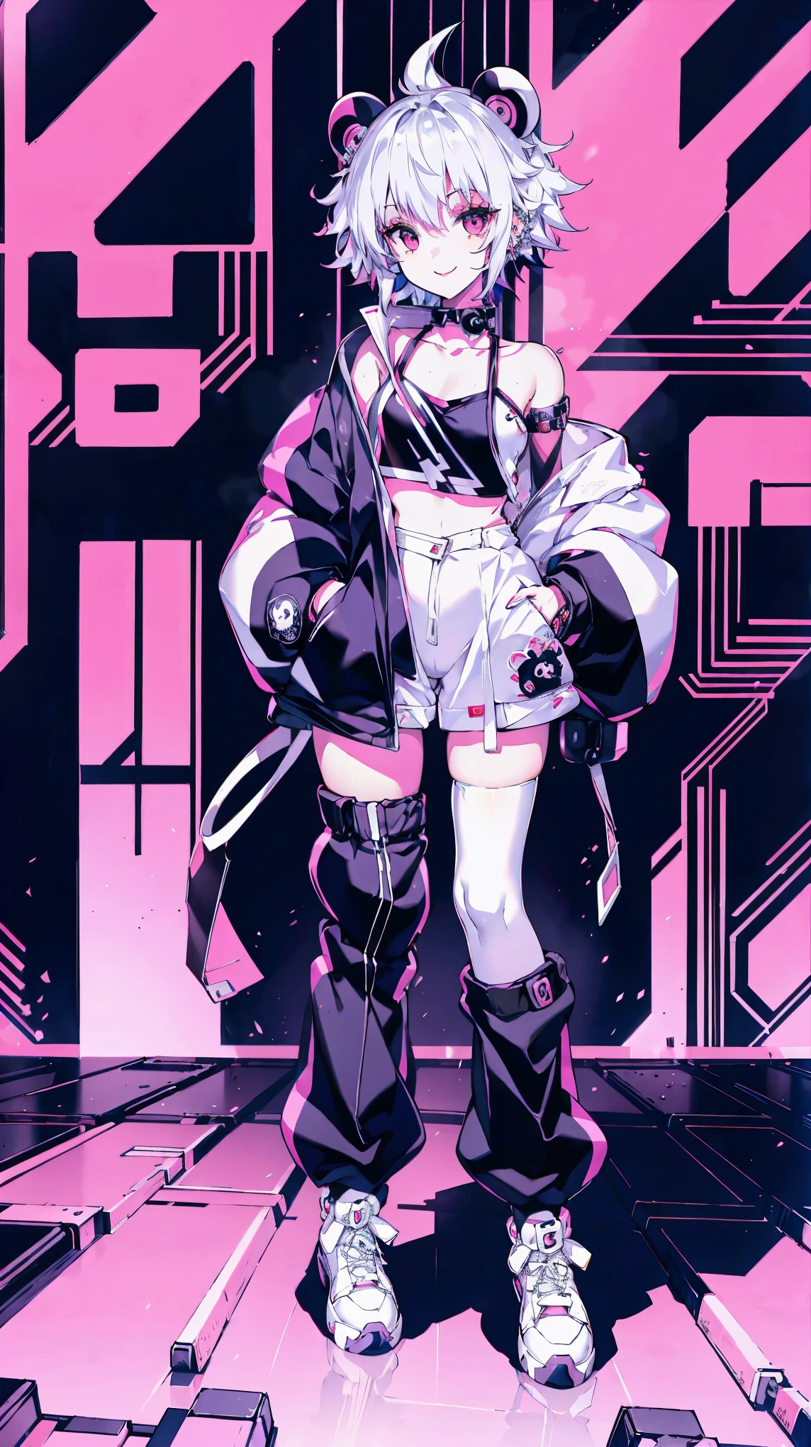 whole body full body full body erect standing straight photographed from the front oversized jacket cute girl smile stuffed panda street punk street fashion cyberpunk neon punk