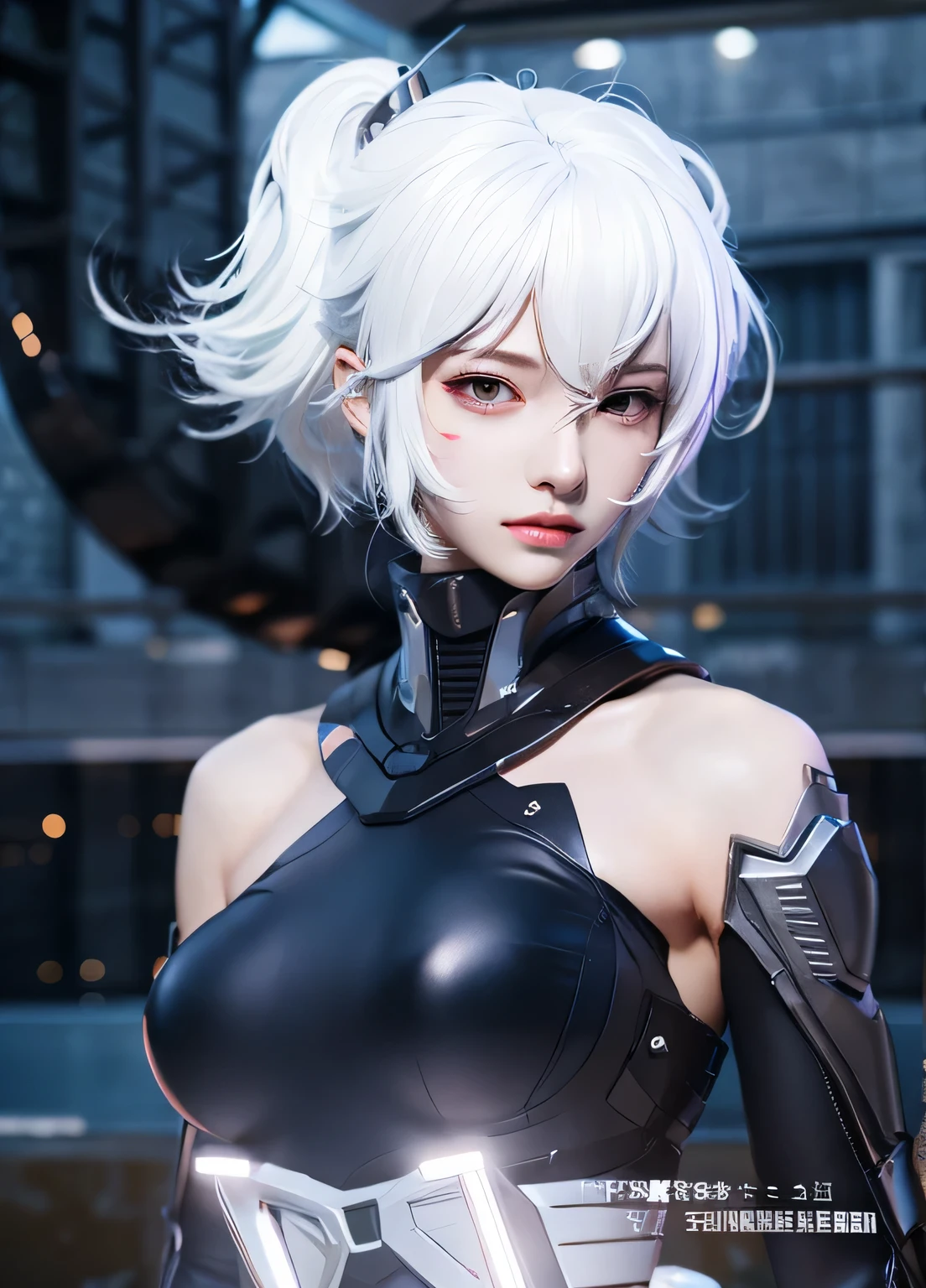 (masterpiece), (best quality), photorealistic, RAW photo, 1girl, sexy, , reelmech, mecha, robotic armor, ultra detailed armor, red armor, white hair, messy hair, (red glowing eyes), red eyes, cool pose, futuristic, cyber girl, cleavage