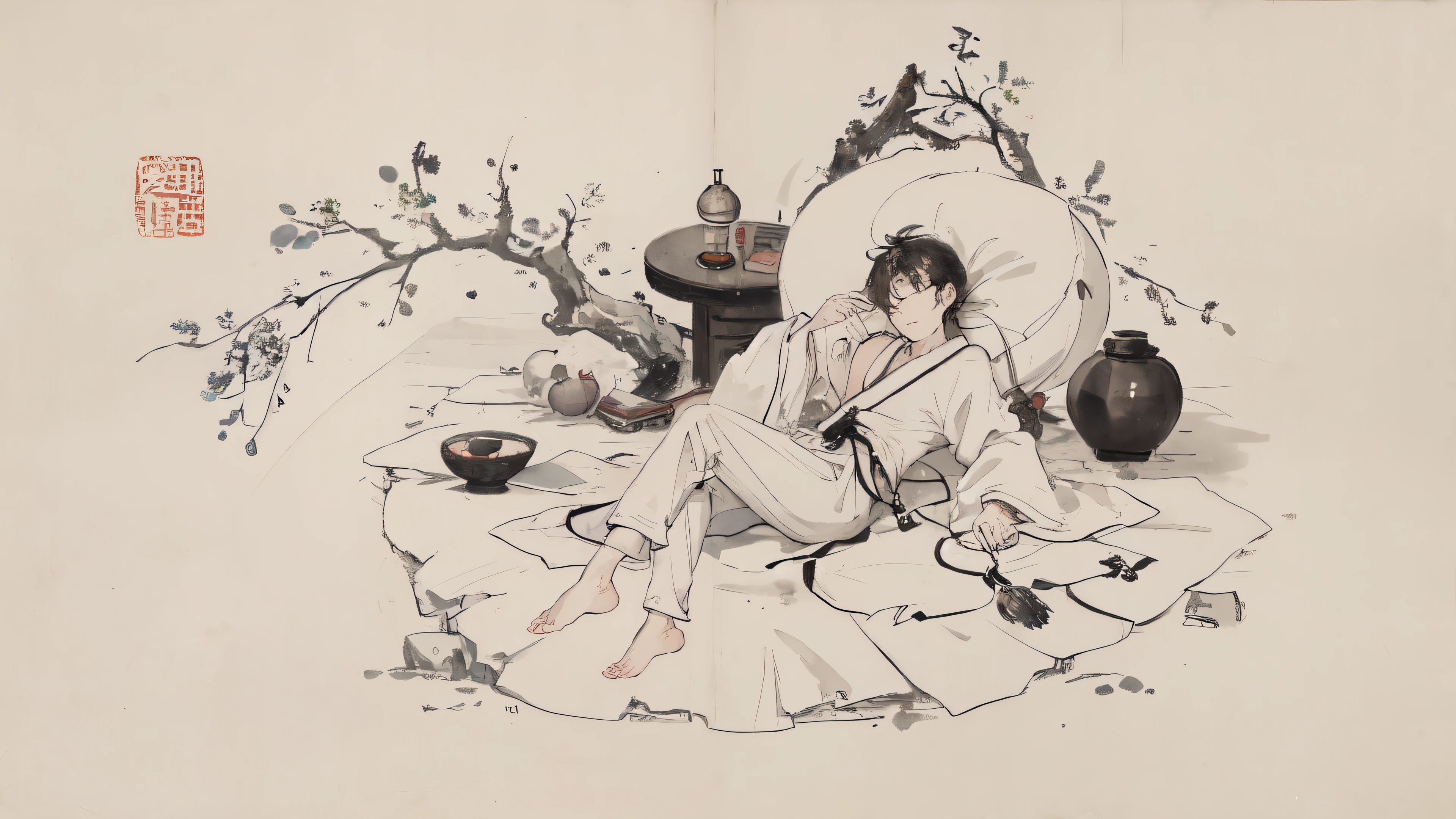 ((4k, masterpiece, best quality)), traditional Chinese ink painting, 1 young man, white robe, bare feet, one hand holding a Chinese wine gourd, one hand holding a soul mask, sleeping down above the clouds, under the full moon