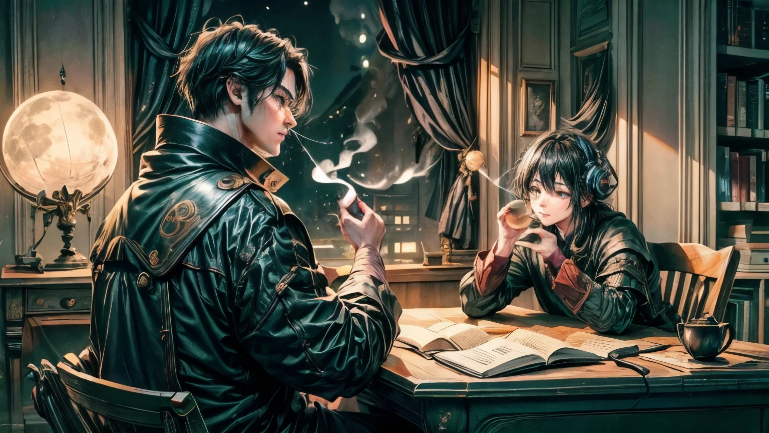 masterpiece, highest quality,Super detailed,hyper details, anime style, Inside a cozy room, curtains are partially closed, big window, Young man drinking coffee while looking at the moon outside the window, a little dark room, There are bookshelves full of books in the room., Soft moonlight dances shadows on the wall,A steaming mug on a desk stacked with books, notebook and big monitor,the person is sitting comfortably in a chair, Refreshing handsome man、There is a faint smile on the lips, Get inspired by the notes that fill the air. keep up with the rhythm of the music. The sound of music flows in smooth harmony., Create an immersive atmosphere