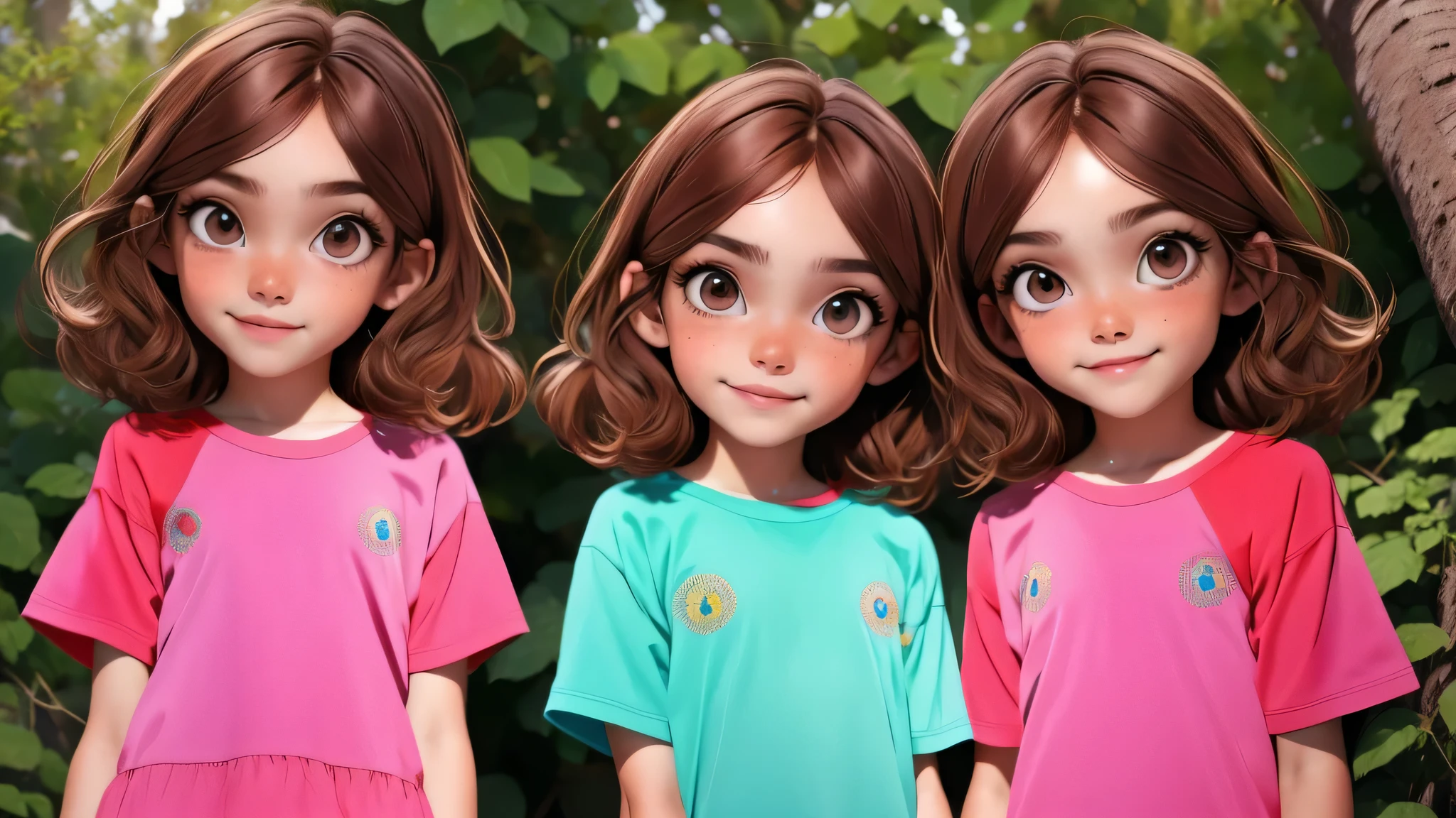 (Two brunette twins, de 5 anos, roupas rosa) Elas aprendem sobre as cores enquanto pintam e exploram o mundo ao seu redor. (twin girls)