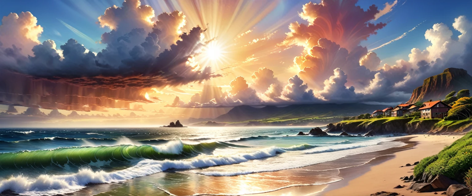Ultra Wide Angle, wide angle exterior background, (best quality,ultra-detailed,realistic:1.37),HDR,UHD,studio lighting,vivid colors,ultra wide angle,wide angle exterior background,highres,photorealistic,physically-based rendering,horizon with vibrant colors,ocean waves crashing against the shore,dramatic cloud-filled sky,sun casting long shadows on the landscape,impressive vastness and depth,detailed foliage and vegetation,crisp details in architectural elements,sharp focus,fisheye-like perspective,panoramic view of the surroundings,wide open space with a sense of and expansiveness,unobstructed view of the outdoor scenery,immersive experience of the natural environment,rich color saturation and contrast,brilliant hues and tonal range in the sky and landscape,play of light and shadows creating depth and dimension,realistic portrayal of textures and materials,thoroughly captures the beauty and grandeur of the scene,perfectly balanced exposure and dynamic range,ultra-fine painting-like quality,showcasing the best of nature's wonders,creating a masterpiece in every frame,photo-realistic representation of the wide angle perspective.