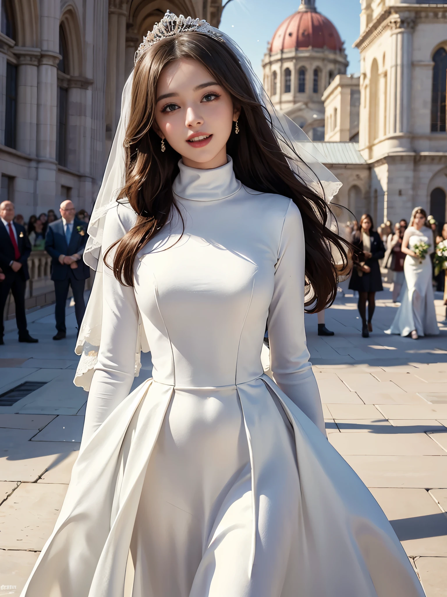 best quality, masterpiece, There&#39;s only one woman, huge laugh, cute teen, shiny lips, sweet, sun glare, Conservative attire, turtleneck wedding dress, bridal tiara, depth of field, blurred background, Cathedral Background, light particles, strong wind, head tilt, long hair, 