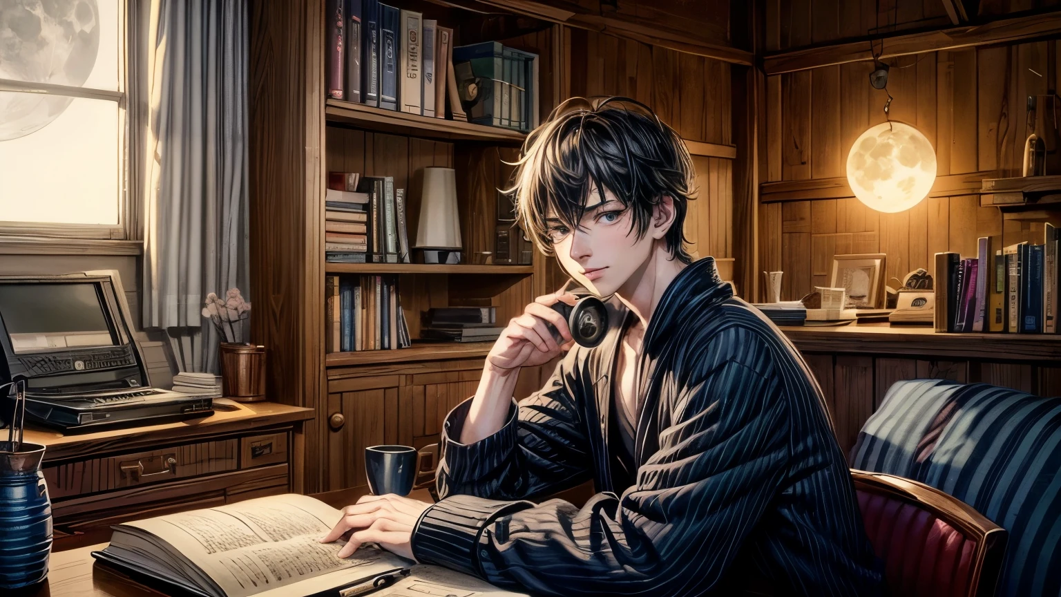 masterpiece, highest quality,Super detailed,hyper details, anime style, Inside a cozy room, So colorful, curtains are partially closed, big window, You can see Tokyo Tower and the full moon from the window., A young man drinking coffee while looking out the window. A slightly dark room., There are bookshelves full of books in the room., There are also plastic models etc., Soft moonlight dances shadows on the wall,A steaming mug on a desk stacked with books, notebook and big monitor,the person is sitting comfortably in a chair, Headphones that fit comfortably on your ears, A beautiful young man working while listening to music、Refreshing handsome man、There is a faint smile on the lips, Get inspired by the notes that fill the air.Laptop keyboard and note page switching, keep up with the rhythm of the music. The sound of music flows in smooth harmony., Create an immersive atmosphere