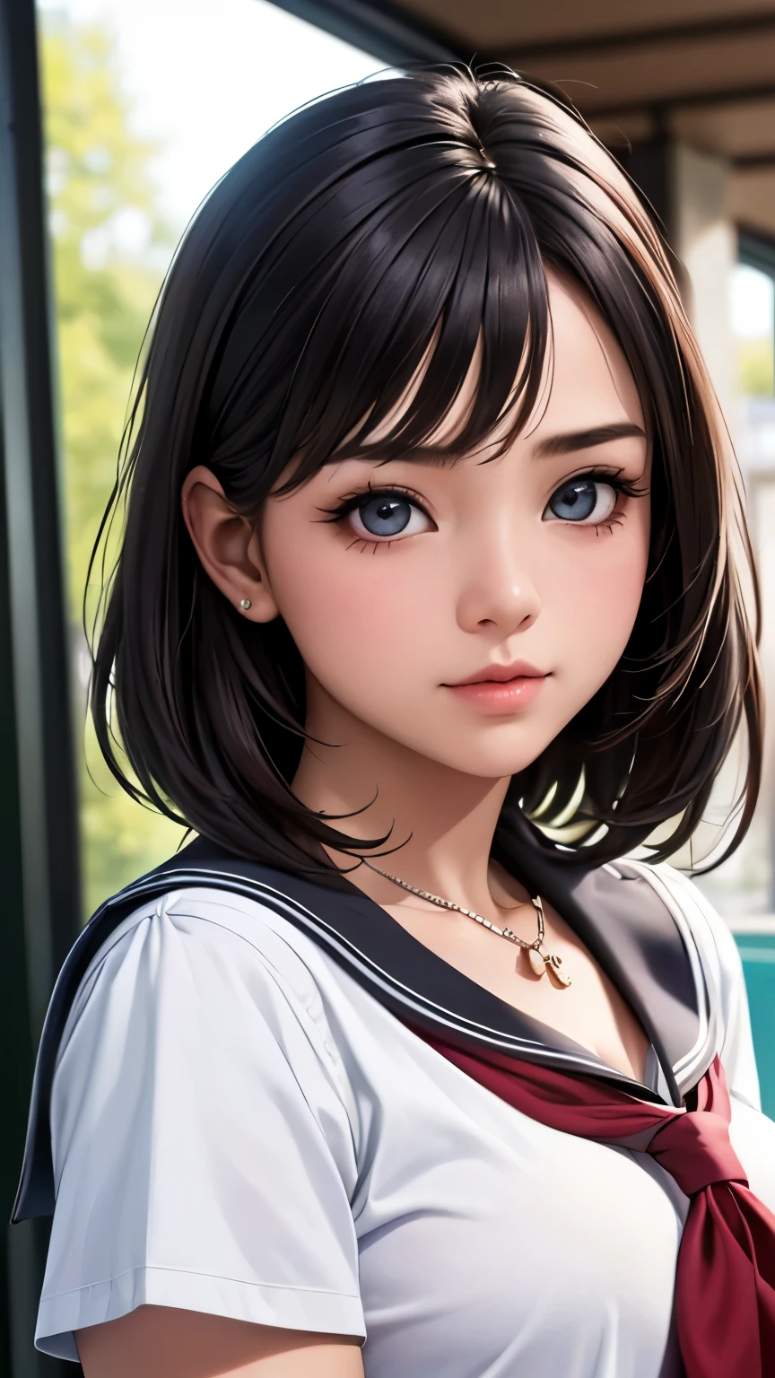 (masterpiece:1.3)、Super detailed finish、(High resolution、8K:1.3)、(highest quality、Ultra-realistic as a photo:1.5)、sharp focus, 超High resolutionの顔、the face is in focus、Ultra high definition and beautiful eyes、Eyes are symmetrical:1.3、High-definition and beautiful skin、firm skin、close up of face、high school girl、、(high school uniform:1.3)、(My shirt is off and my shoulders are visible:1.1)、very cute、very cute、natural makeup, glossy lips、I'm embarrassing by people staring at me、(strange expression), anxious look、blush:1.3, embarrassing:1.3、thin necklace、stare at the camera:1.2