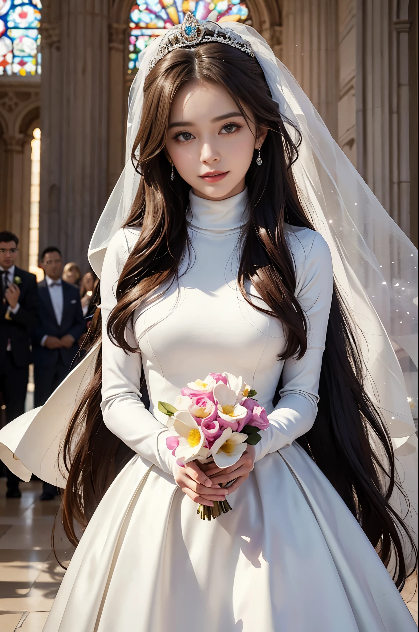 best quality, masterpiece, There's only one woman, huge laugh, cute teen, shiny lips, sweet, sun glare, Conservative attire, turtleneck wedding dress, bridal tiara, depth of field, blurred background, Cathedral Background, light particles, strong wind, head tilt, long hair,