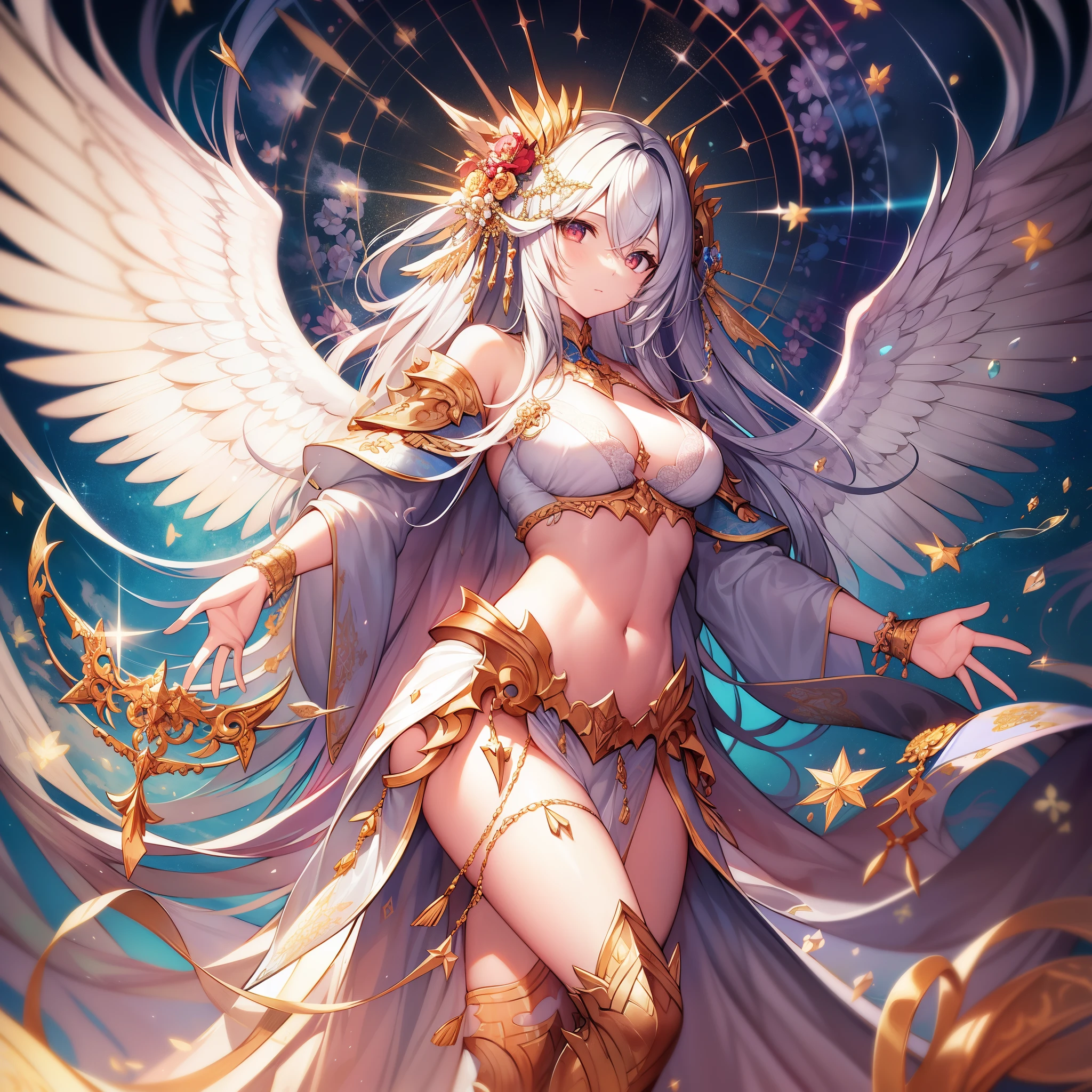 Angelic mythical lion with outstretched arms with shining intricate transparent wings、Symmetrical ultra-detailed textures、pearl filigree、concept art、artstation、alice x。open、andreas' lie、perfect composition、masterpiece、Glittering professional photoacro、Natural light、Canon lens、Fantastic sharp focus shot with 64 megapixel digital SLR、surreal、Splash Art、concept art、mid shot、intricately detailed、depth of color、dramatic、 2/3 facial angles、side light、colorful background