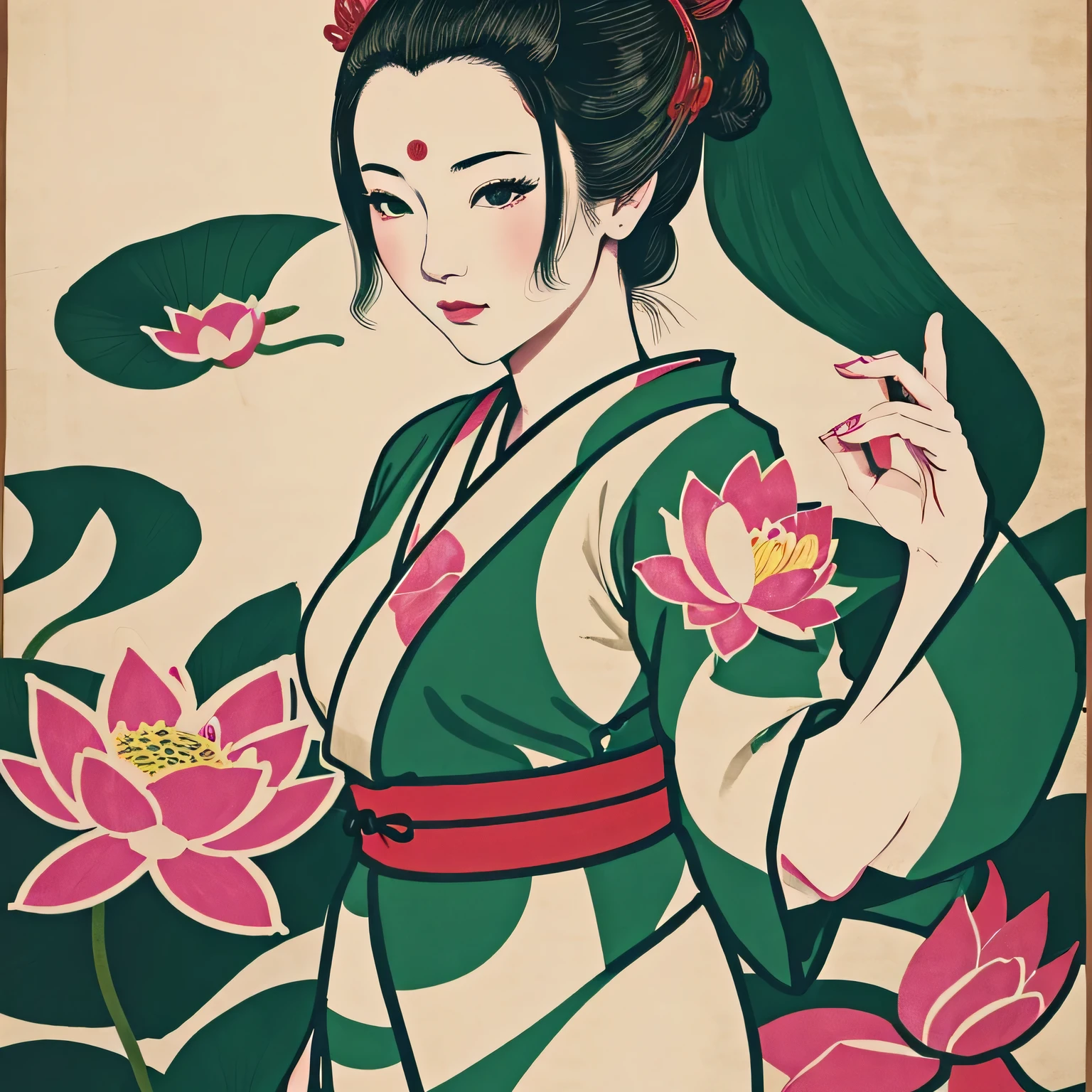 Art vintage japonais, Conception de t-shirts, art vectoriel, art plat,:1,4. \\ (japonaise, en kimono, best quality, Art officiel, Beaucoup de couleurs, couleurs du japon, ukiyo-e ,lotus et nénuphars, bare shoulders green and fuschia, belles formes,: 1.2)