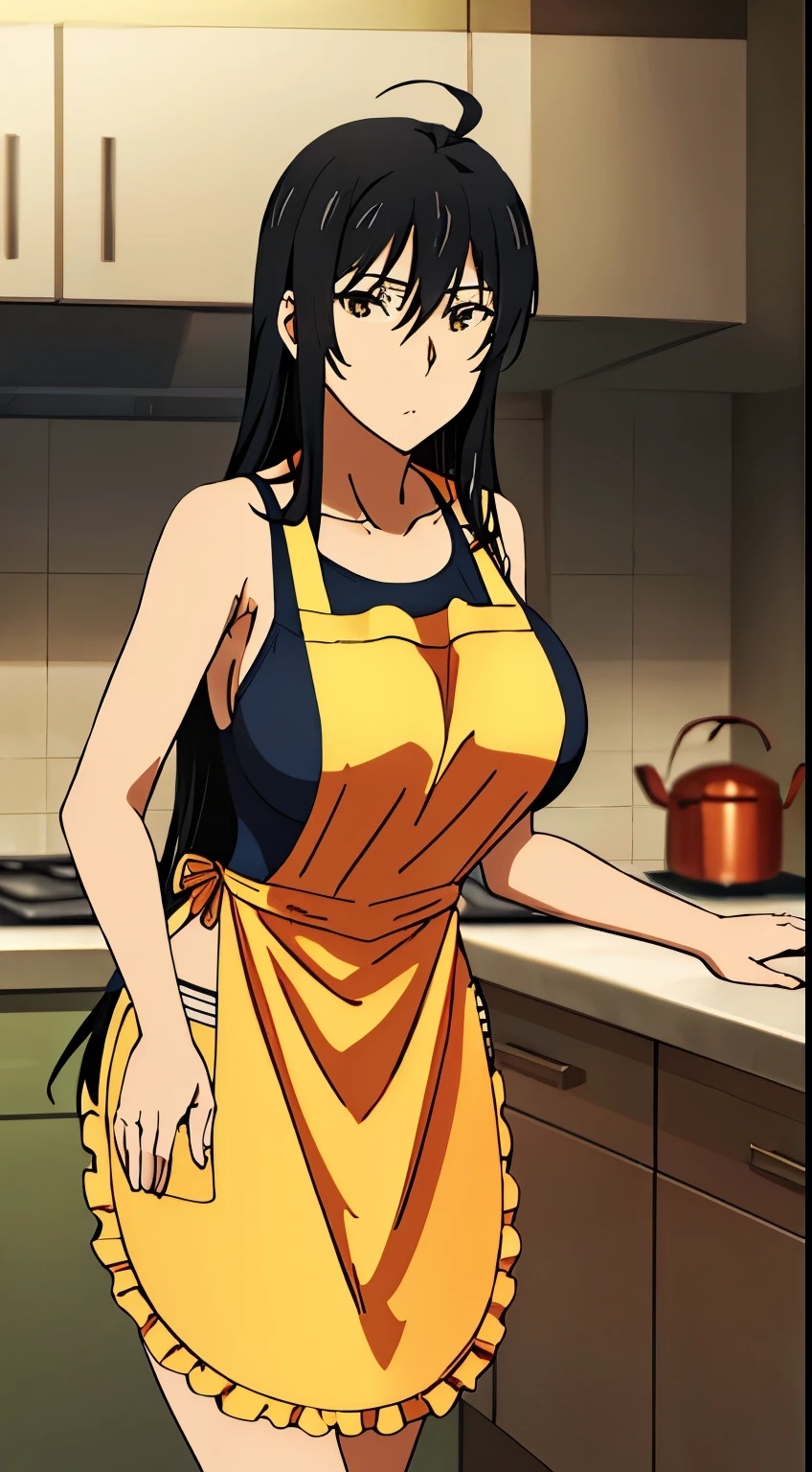 and,1 girl, 一with people, portrait, (big breasts), No expression, long hair, Ahoge, ((apron,swimsuit,kitchen)),stylish pose, perfect quality, good quality, masterpiece, HDR, UHD,looking at the viewer, in the center of the image,Show up to your knees,１with people,