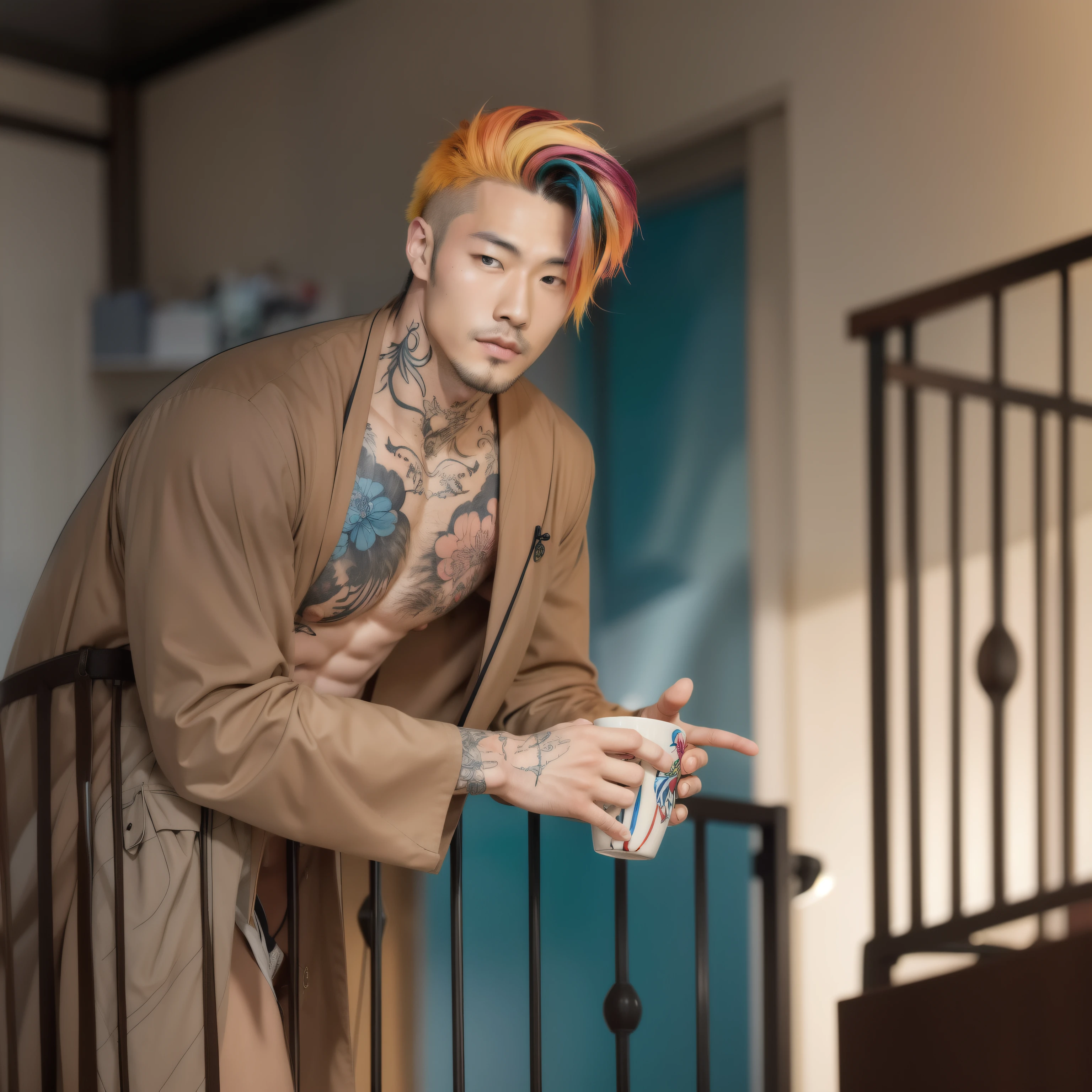 handsome japanese man, 30 anos, slim and athletic, pale skin, olhos dourados, cabelos multicoloridos, tatuagens coloridas no peito, peito nu, mafia boss, confiante, relaxado, segurando uma caneca, vestindo um robe caramelo solto