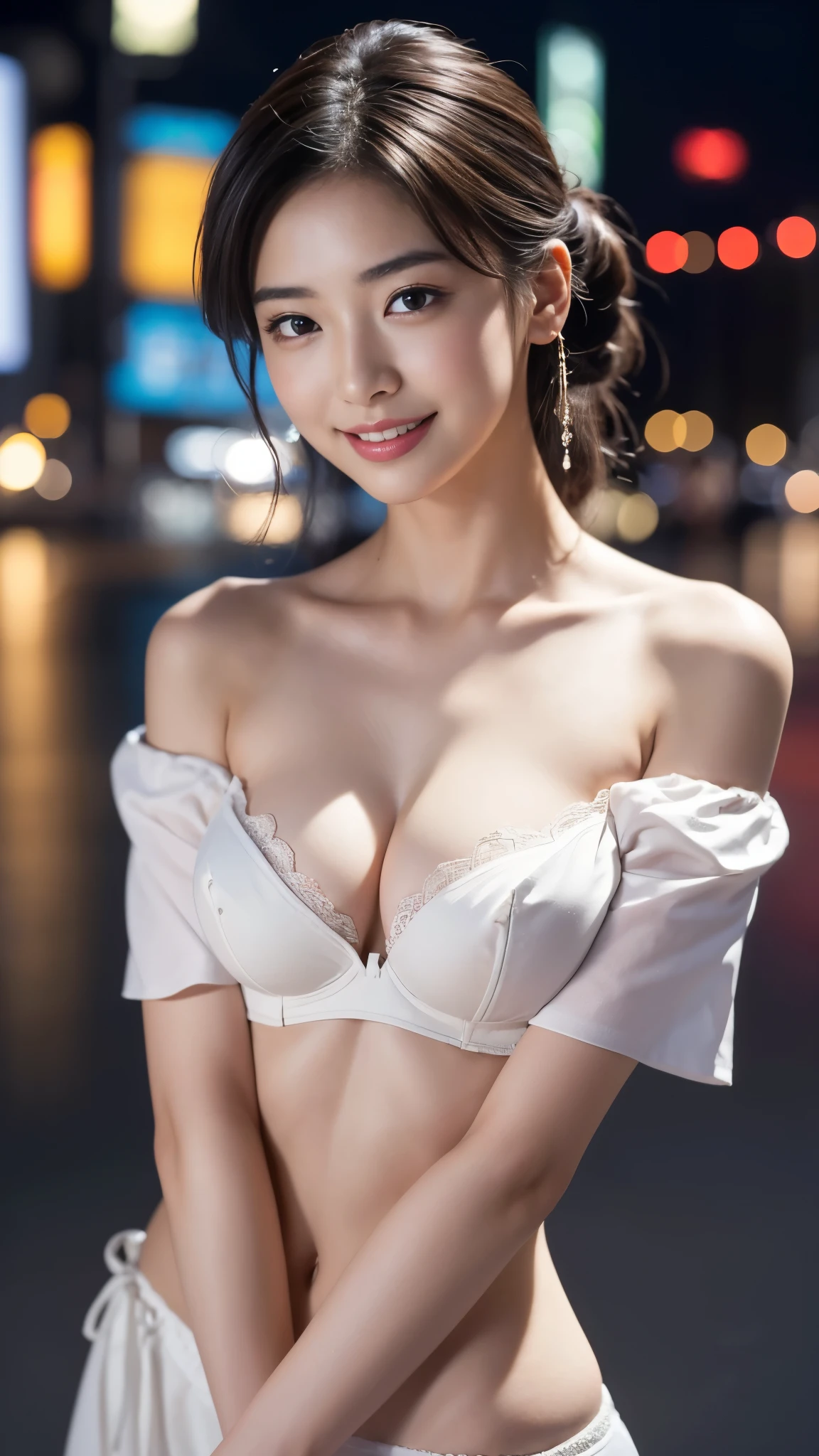highest quality, masterpiece, ultra high resolution, (realistic:1.4), 1 girl, off shoulder, deep shadow, shiny skin、Japanese beauty、18-year-old、perfect face!perfect body line、white bra、upper body photo、stand up straight、smile、Night view of Ginza、blur the background、upper body photo、