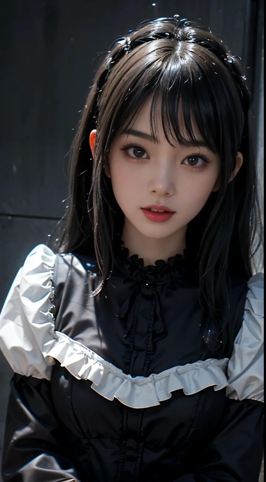 top-quality masterpiece 8K ultra-detailed face One woman wearing Gothic Lolita Full body photo kawaii pose Sexy Pictures Focus on the face Close-range photography profetional lighting Vibrant photo Happy expression Sullen expression Ecstatic look Sex appeal Shiny wet crow hair Gloss Bruises and cuteness Unreality absurderes Heavy bangs Lots of skin tones Cute