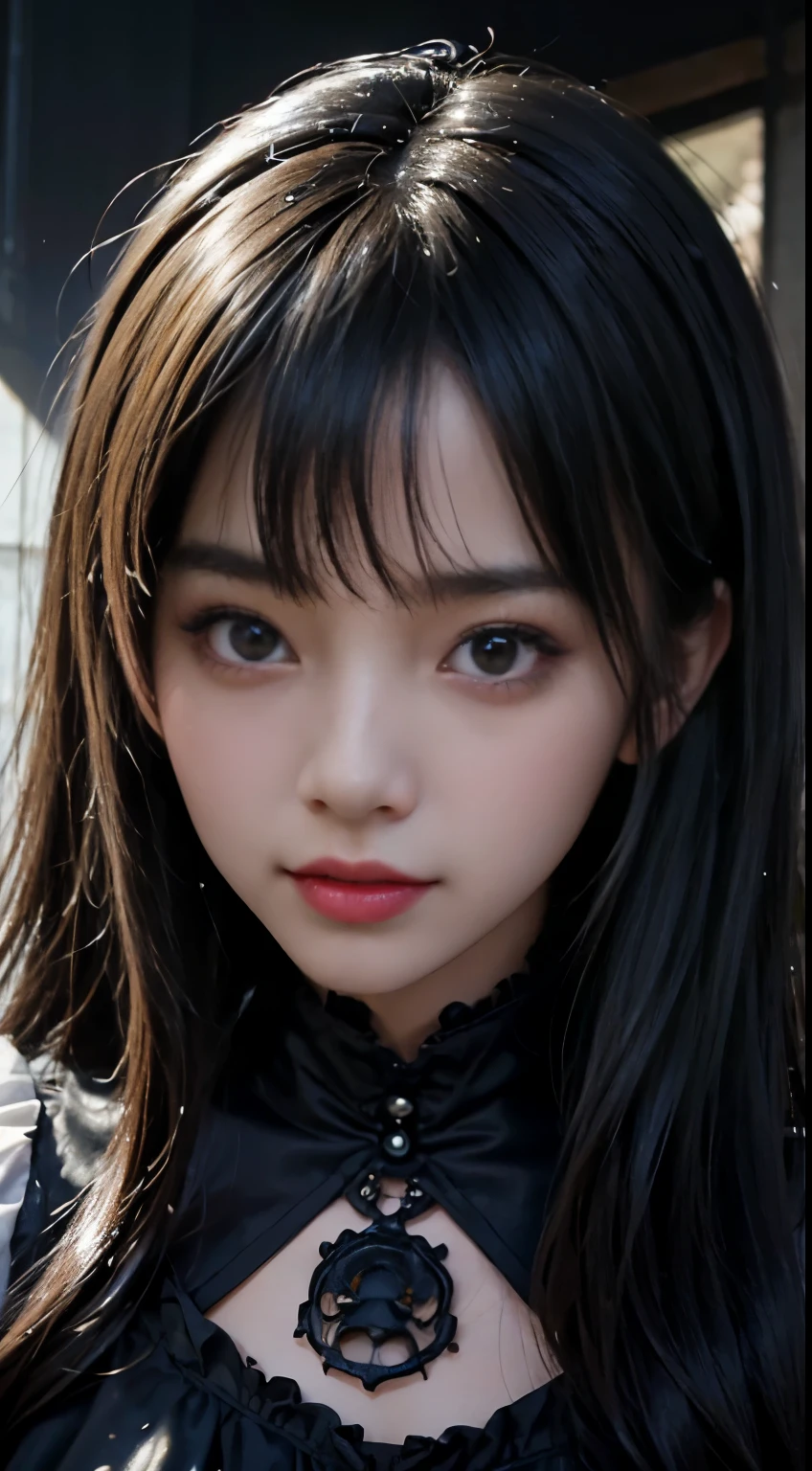 top-quality masterpiece 8K ultra-detailed face One woman wearing Gothic ta Full body photo kawaii pose Sexy Pictures Focus on the face Close-range photography profetional lighting Vibrant photo Happy expression Sullen expression Ecstatic look Sex appeal Shiny wet crow hair Gloss Bruises and cuteness Unreality absurderes Heavy bangs Lots of skin tones Cute
