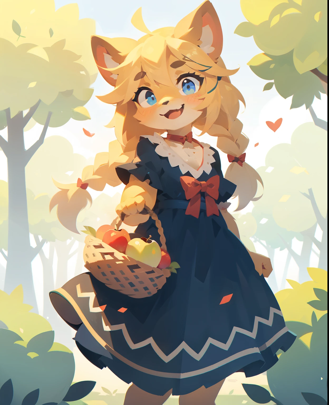 A girl, all alone, with twin braids in her hair, holding a bow, and an apple, smiling at the audience while holding a basket of apples, wearing a blue dress, having blonde hair, in an outdoor setting, with a cowgirl theme. The artwork is a masterpiece with the best quality, ultra-detailed:1.3. The image is uploaded on e621, featuring anthropomorphic animals and humans in a furry setting:1.3